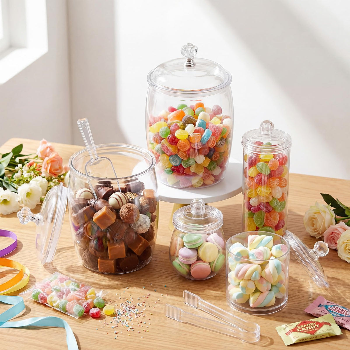 Suclain 10 Pcs Plastic Candy Jars with Lids Apothecary Jars with 6 Set Ice Tongs and Scoops Cookie Jar Candy Buffet Containers Candybar Supplies for Graduation Gift Birthday Party Wedding Decoration