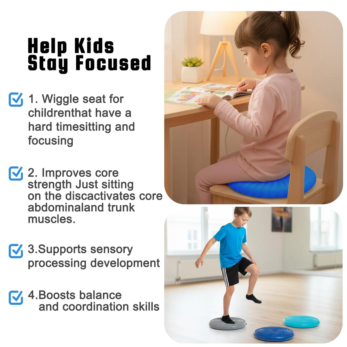Hanstuten Wobble Cushion Core Balance Disc, Wiggle Seat for Sensory Kids to Stay Focused, Non-slip Balance Pads with Inflation Pump for Physical Therapy & Core Strength (1Blue)