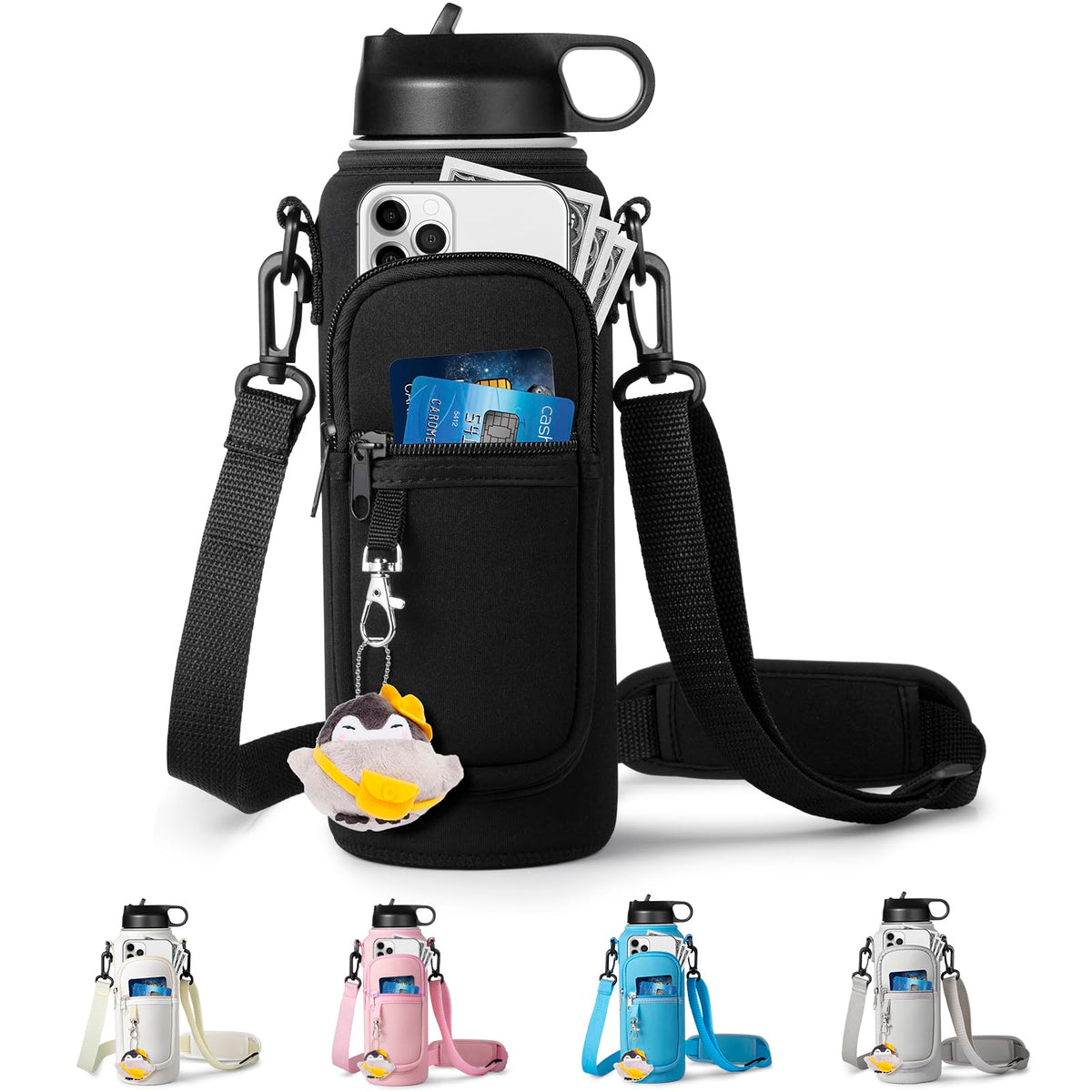 RRegeny Water Bottle Holder with Strap for Hydroflask 32oz 40oz, Carrier Sling Bag with Phone Pocket Sleeve for Men Women Hiking Camping Travelling（black24/32oz）
