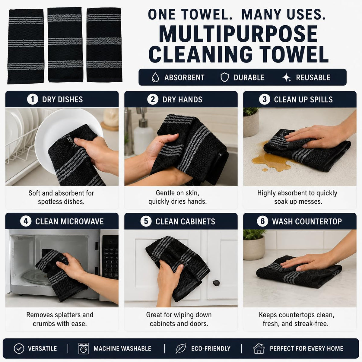 Serafina Home Black Kitchen Hand Dish Towels: Oversized 18" x 28",100% Cotton Soft Absorbent Dish Cloths for Cleaning Drying, Set of 3 Multipurpose for Everyday Use