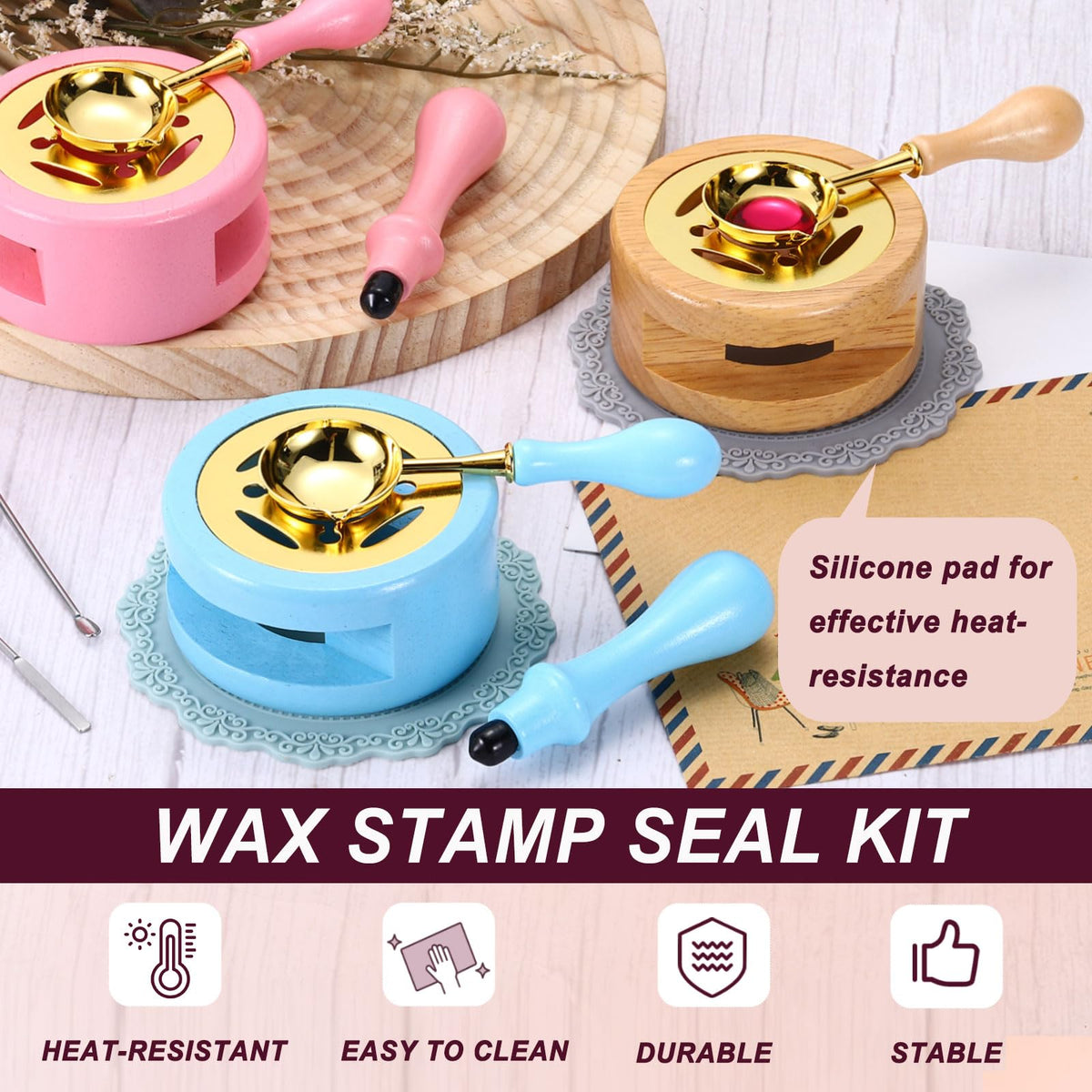 PATIKIL Wax Stamp Seal Kit, Wax Seal Kit Include Sealing Warmer, Melting Spoon, Silicone Pad, Retro Melt Stove Pot Furnace Tool for Envelope Letter Mailing Crafts DIY, Wood Color/Gray