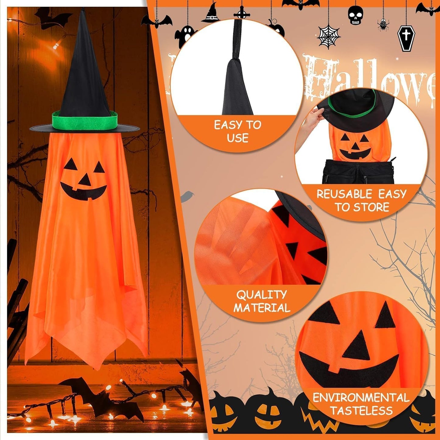2 Pack Halloween Hanging Pumpkin Decorations Outdoor Hanging Pumpkin Witch Hats Ornaments for Home Garden Yard Party