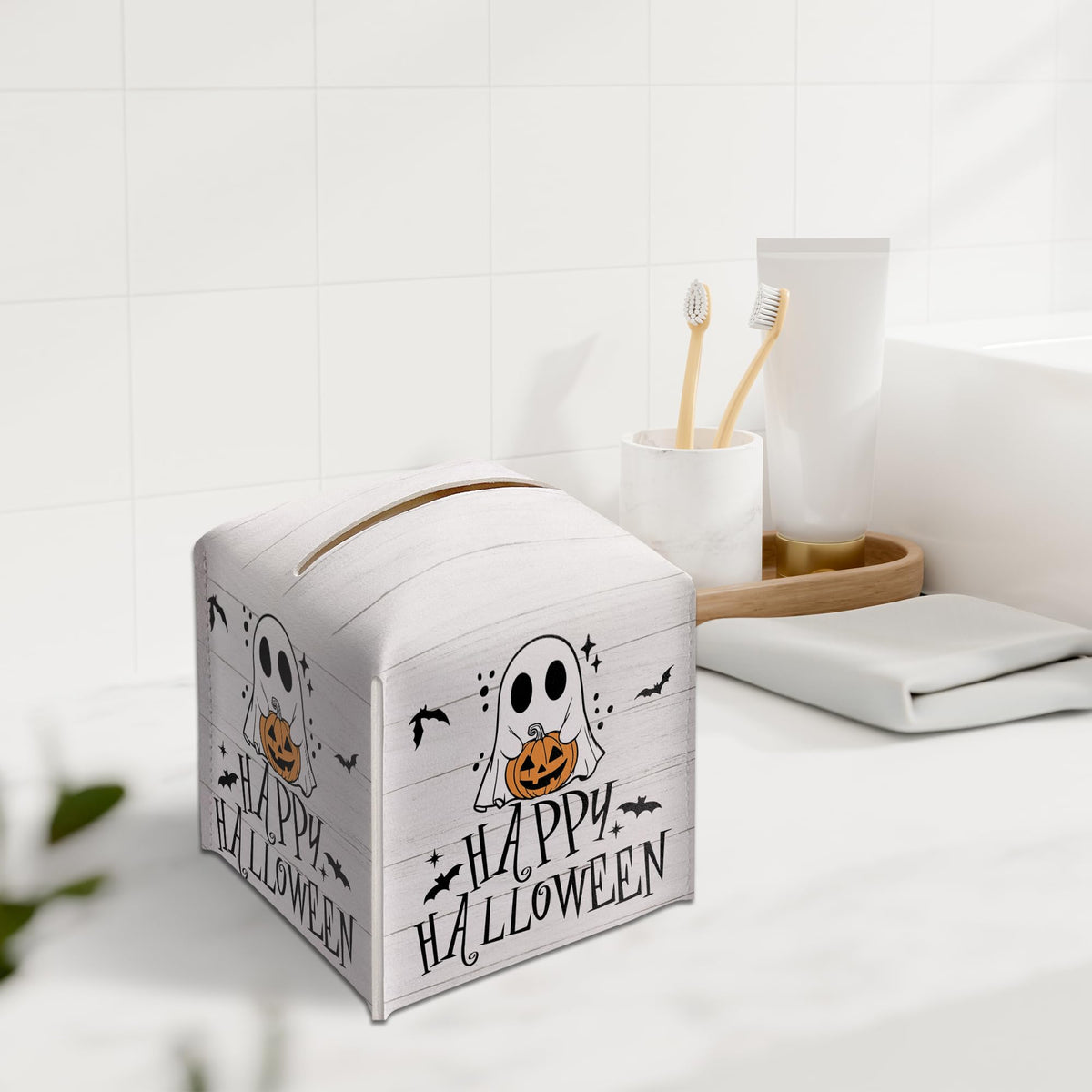 Happy Halloween Tissue Box Holder, Ghost Pumpkin Leather Tissue Box Cover Square, Cute Facial Paper Organizer Dispenser Toilet Paper Holder Decor for Bathroom Kitchen Office Home Accessory-A03