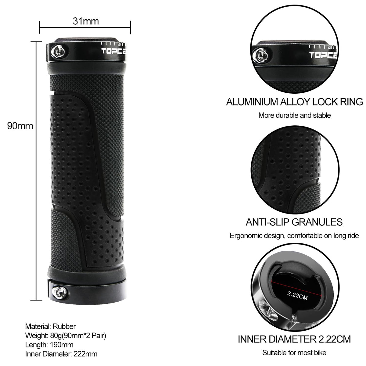 TOPCABIN Bike Handlebar Grips,Short Mini Bicycle Handlebar Grips Two-Color Rubber Bike Grips Fit Many Standard Bikes 2PCS 90MM Length (Aluminum Double Lock(Black90mm))