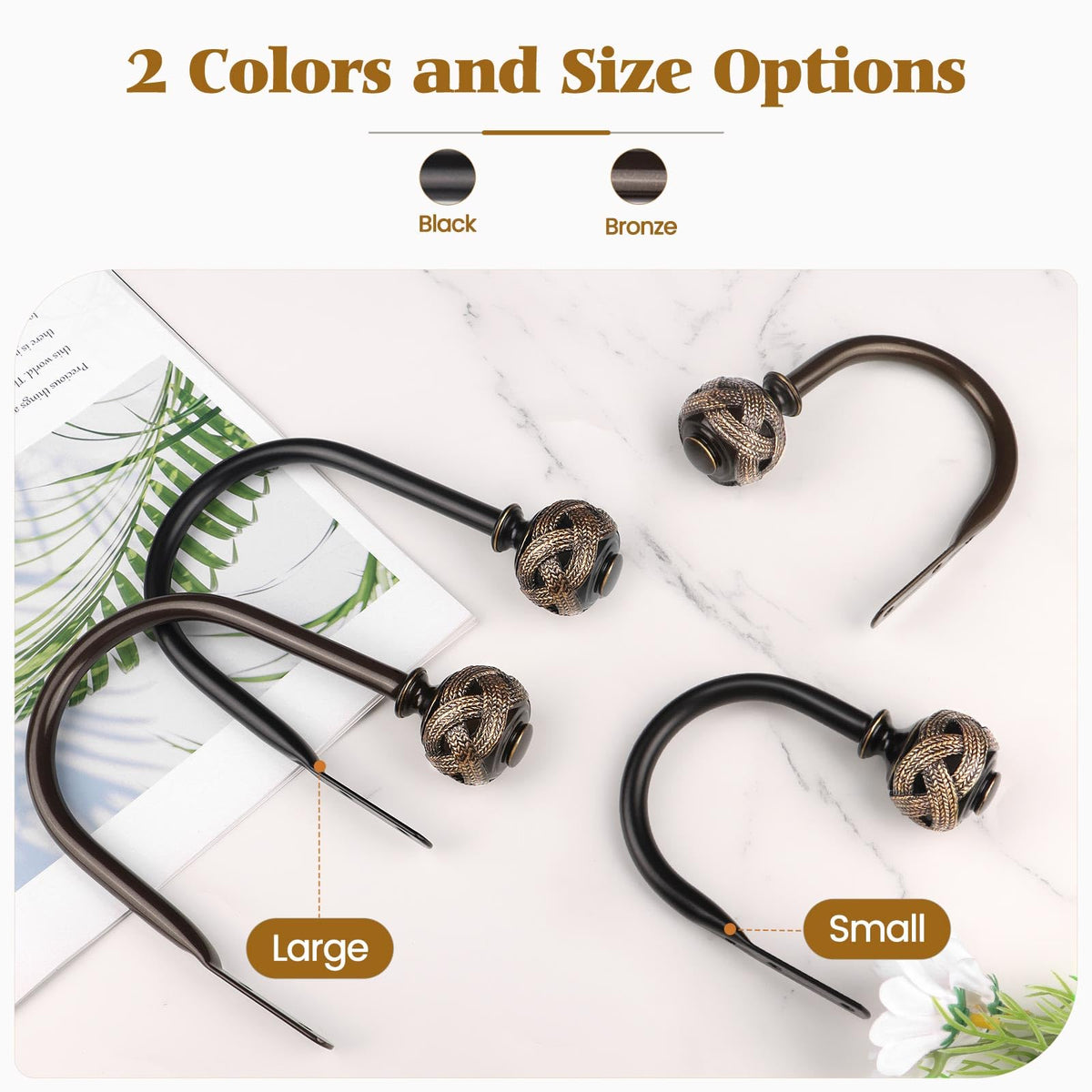 USFOOK 2 Pack Bronze Curtain Holdbacks, Decorative Window Drapery Tiebacks (2 Pack/1 Pair), Curtain Tie Back Hooks for Wall with Leaf Finials (3.95" L x 3.4" W)