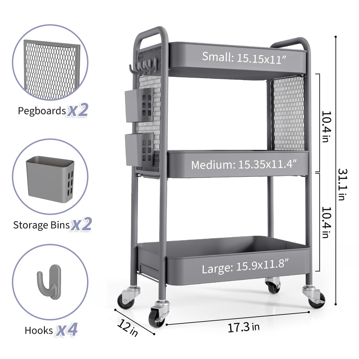 TOOLF 3 Tier Rolling Cart Storage Organizer, Metal Rolling Utility Cart with Wheels, Hooks & Bins Esthetician Craft Art Sturdy Storage with Pegboard for Bathroom, Kitchen, Office, Nursery Diaper