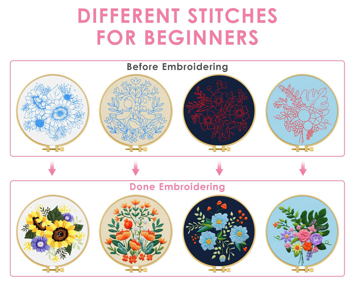 TINDTOP 4 Sets Embroidery Kit for Adults, Floral Embroidery Practice Kit for Beginners Include Embroidery Cloth Hoops Threads for Craft Lover Hand Stitch with Embroidery Skill Techniques