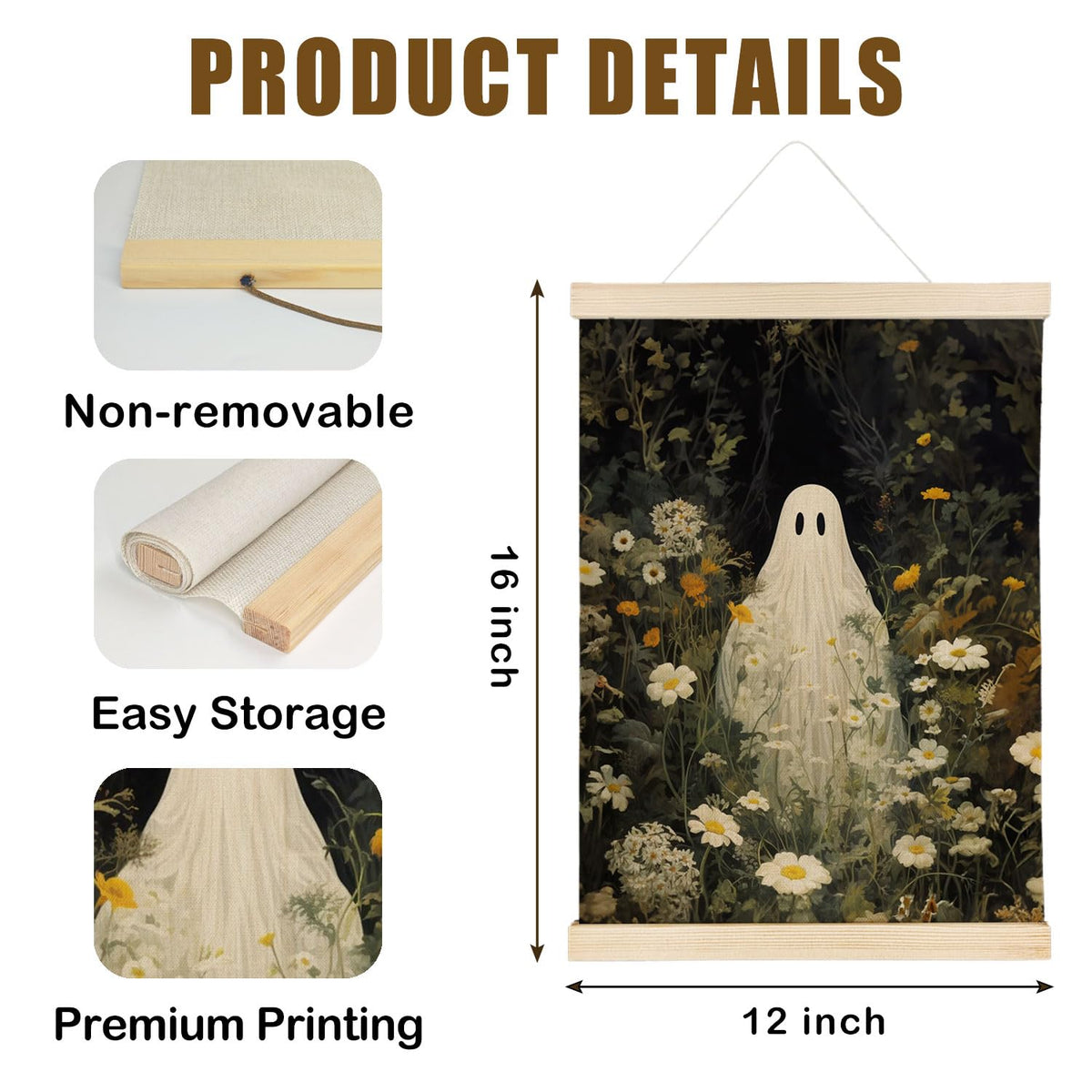 Nrleey Halloween Bathroom Poster Hanger Frame, Ghosts Floral Wall Art with Wooden Poster Hanger, Horror Spooky Wall Hanging Decor, 12x16 Inches