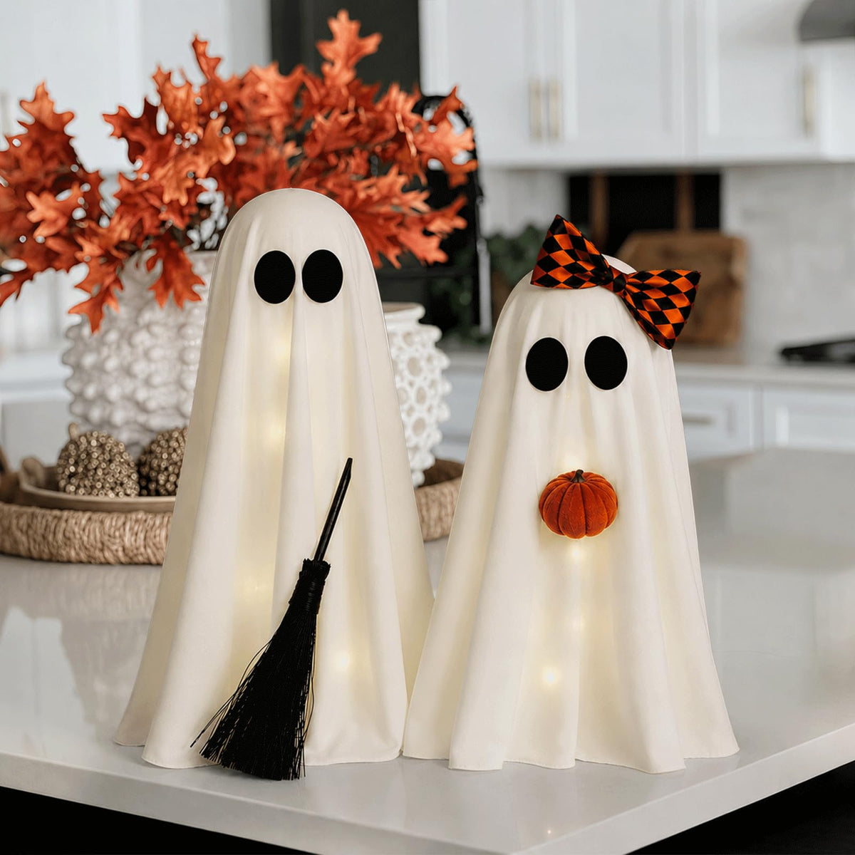 Halloween Decorations, 2 Pack Lighted Spooky Ghost with Pumpkin and Buffalo Plaid Bow, Cute Standing Ghost Decor for Halloween Decorations Indoor Home Office Table Mantel Shelf Party Supply