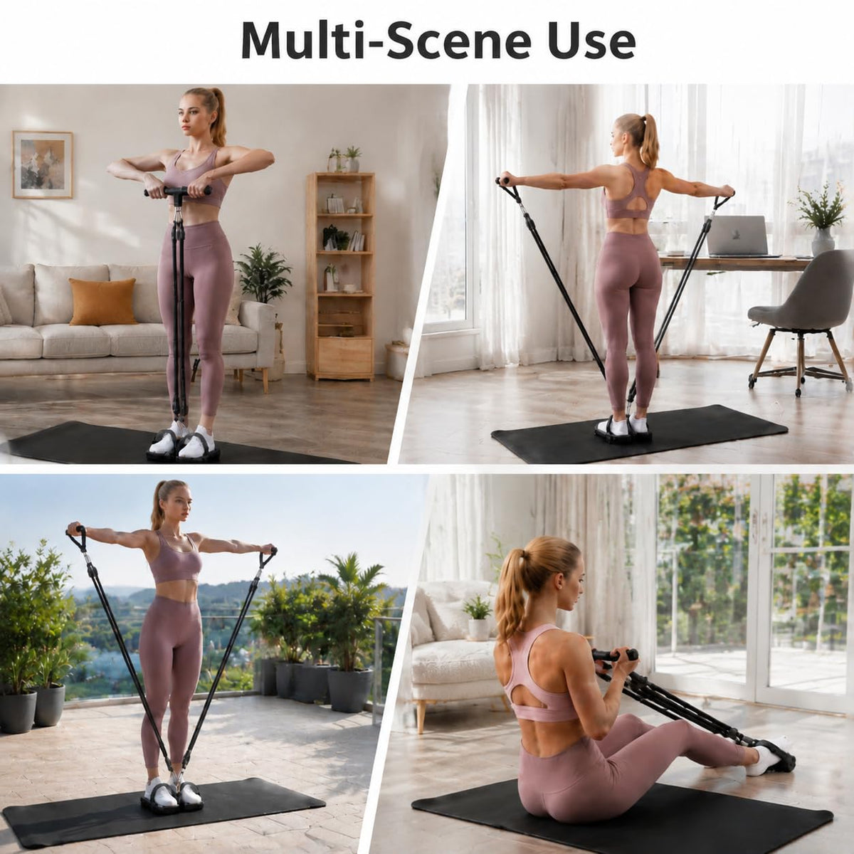 100LB Pedal Resistance Band with Handle, Portable Adjustable Tension Rope, Heavy Duty 4-Tube Full Body Exercise Equipment Set for Home Workout