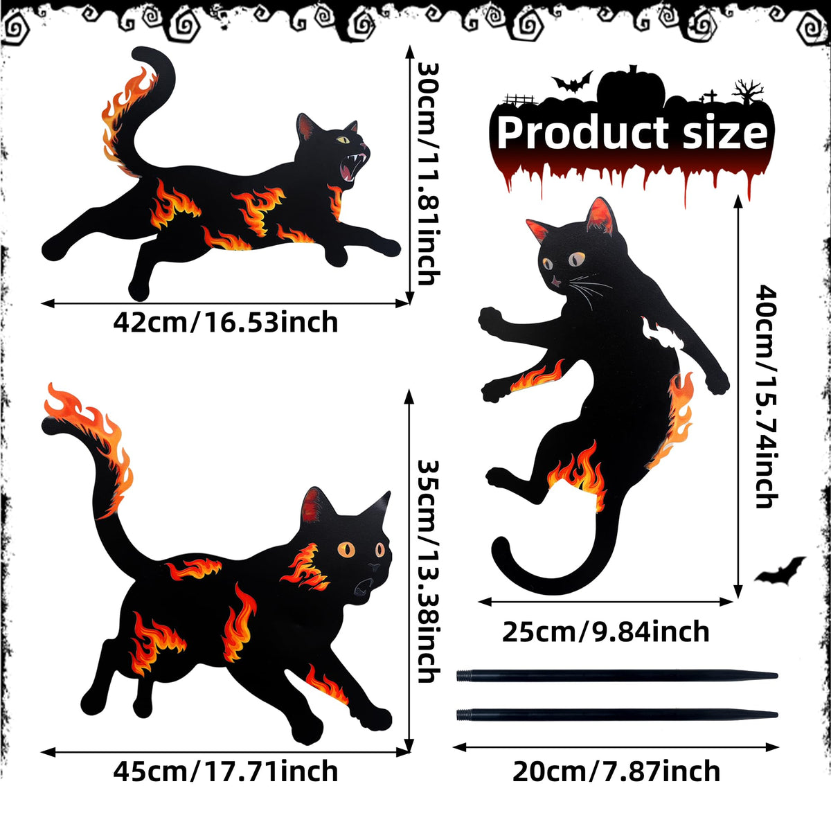3 Pack Metal Black Cat Statues with Flame Design -Black Cat Decor Yard Signs with Stakes, Rustproof Halloween Yard Decor, Outdoor Garden Stakes for Haunted House, Lawn, and Everyday Decor (3)