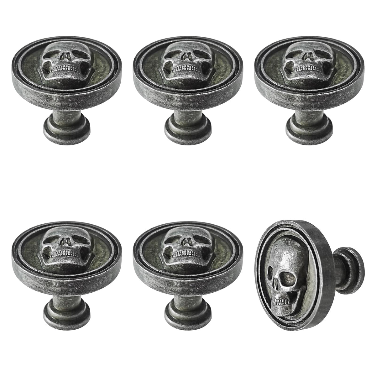 BAMI-LEE House 6PCS Vintage Skull Skeleton Cabinet Knobs - Single Hole Zinc Alloy Drawer Pulls for Kitchen, Wardrobes, Bookcases, Dresser, Closets (Ancient Tin)