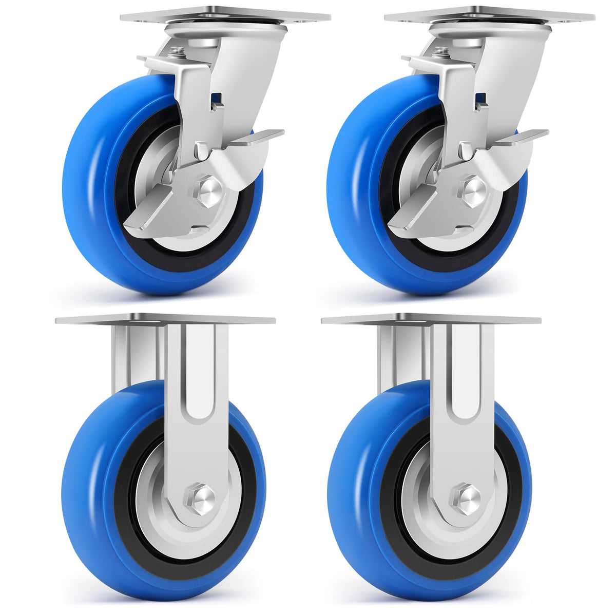 W B D WEIBIDA 6 Inch Heavy Duty Casters Set of 4, Smooth Rolling Caster Design for Cart Wheels, 4500 LBS Industrial Grade Castors with Upgraded Thickened Bracket, Durable Castors (2 Brake & 2 Rigid)
