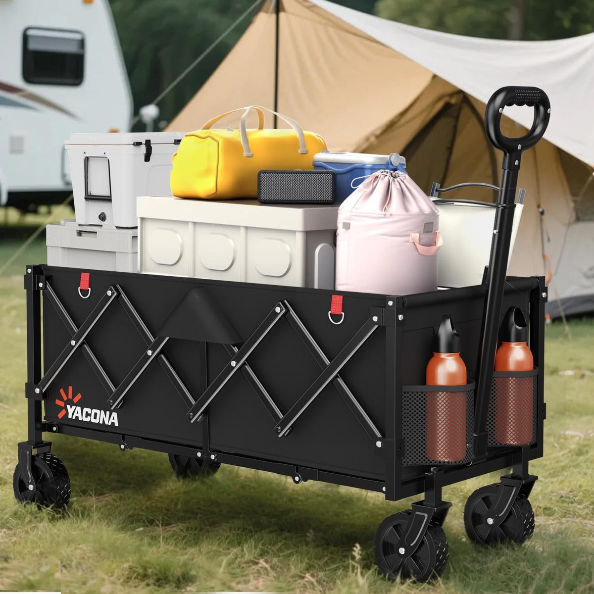 35" L Extra Long Wagons Carts Foldable, 360LBS Heavy Duty Collapsible Wagon with Wheels, Folding Wagon Portable Utility Cart for Groceries, Shopping, Camping, Sports