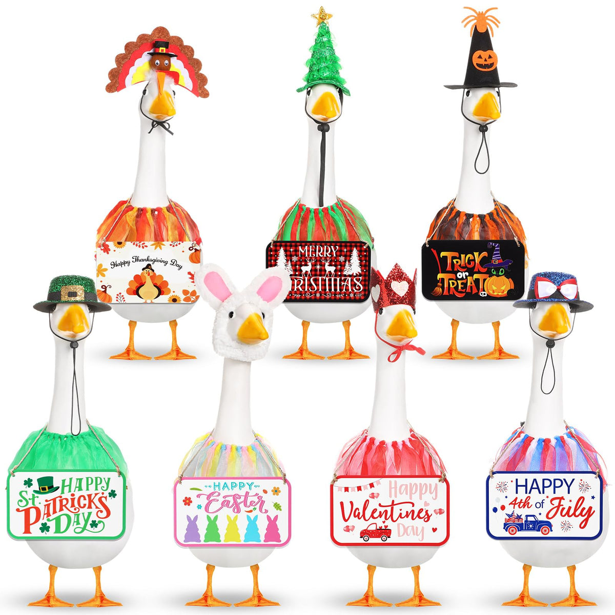 Silicherry 7 Set Holiday Porch Goose Outfits with Festival Wooden Sign 4th of July Halloween Christmas 23" Lawn Goose Clothing Hat and Tutu Collar for Lawn Patio Yard Decor