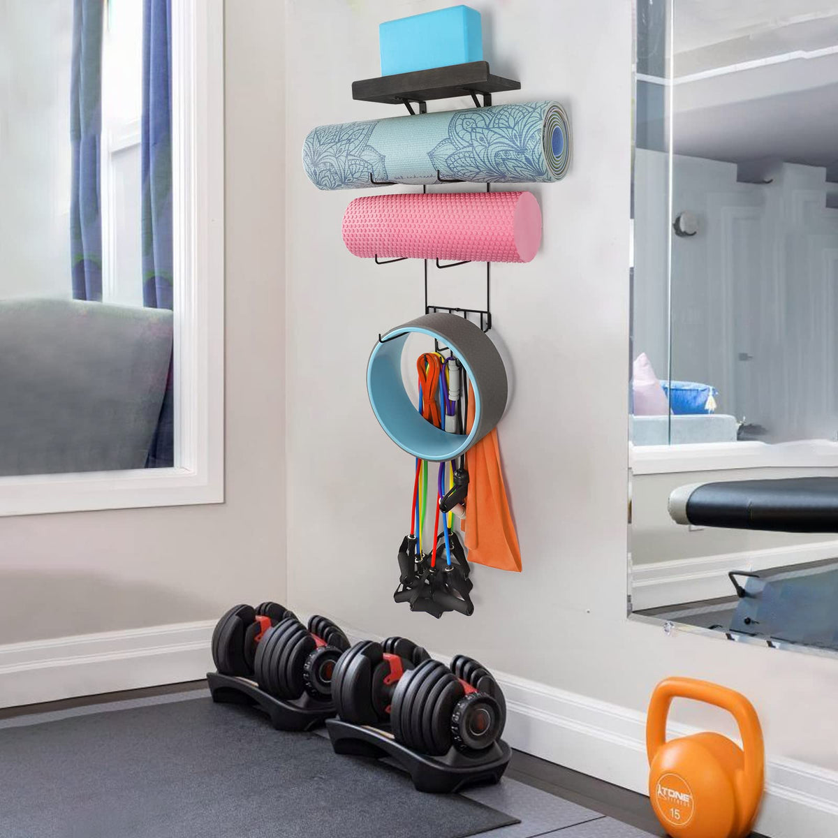 VINAEMO Yoga Mat Holder Accessories Wall Mount Organizer Storage Decor Foam Roller and Towel Storage Rack with 4 Hooks and Wooden Shelves Yoga Mats Rack Resistance Bands for Home Gym School Office