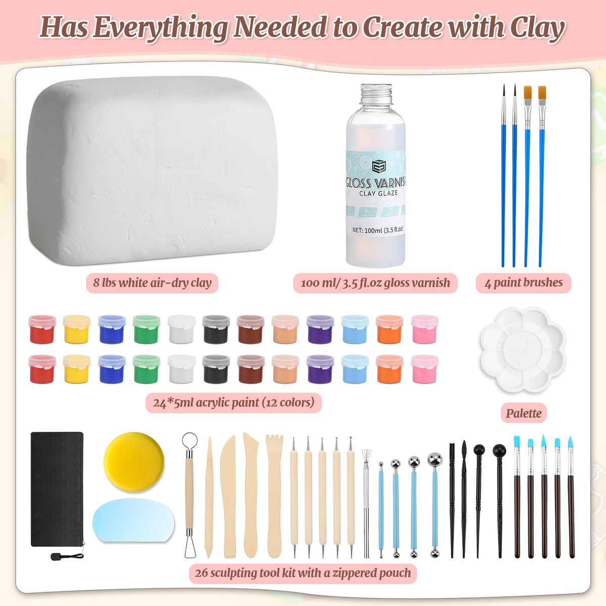 Natural Air-Dry Clay, 8 LBs Pottery Clay with 100ML Glaze Gloss Clay Varnish Protects and 27 PCS Pottery Tools Sculpting Tool Set, Air-Dry Clay Kit for Adults Beginner DIY Craft Gift