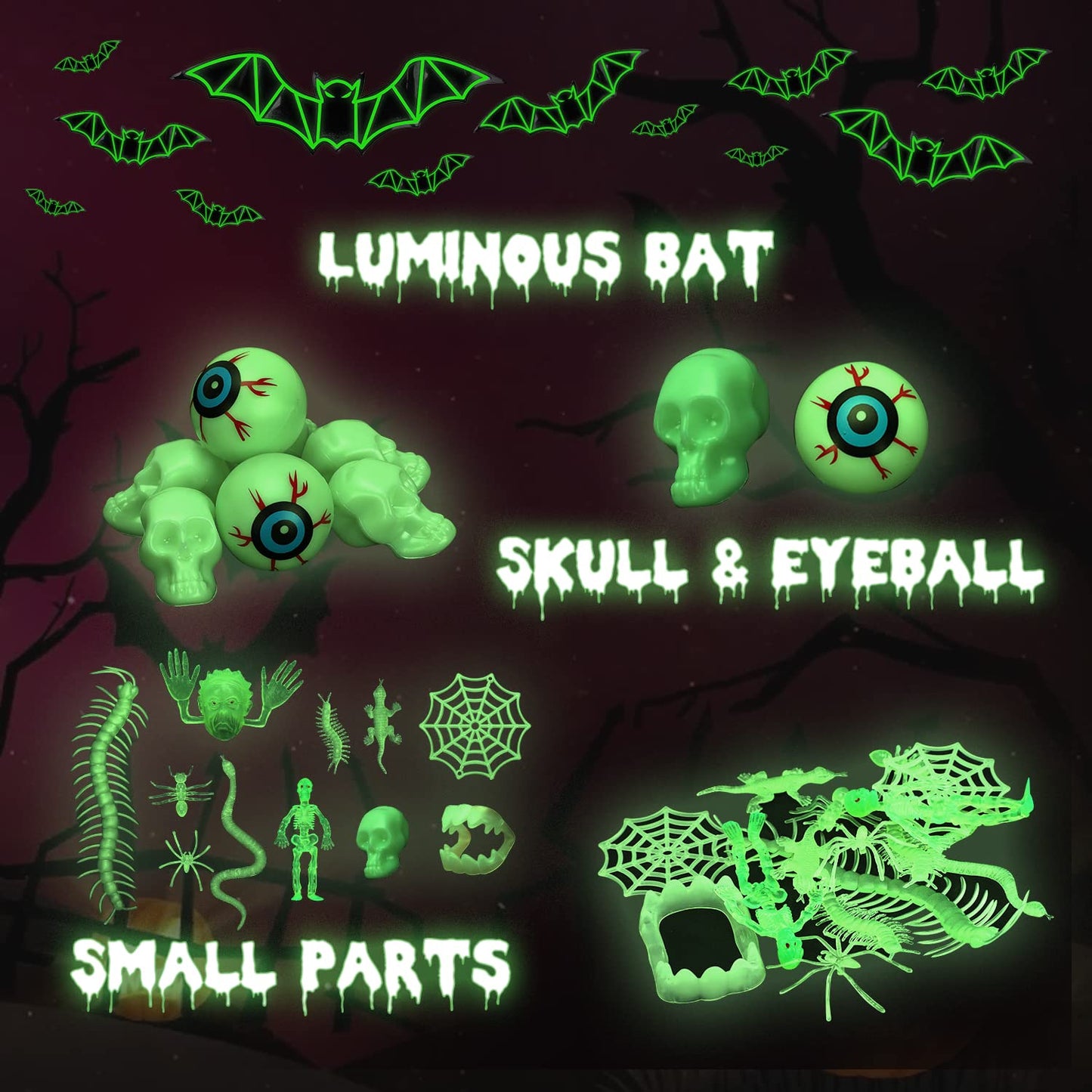 TOY Life 140PCS Halloween Party Favors Halloween Toys for Kids Halloween Goodie Bag Stuffers Fillers Halloween Treat Non Candy Glow in the Dark Bugs Skeleton Spiders Toys Halloween Prize for Classroom