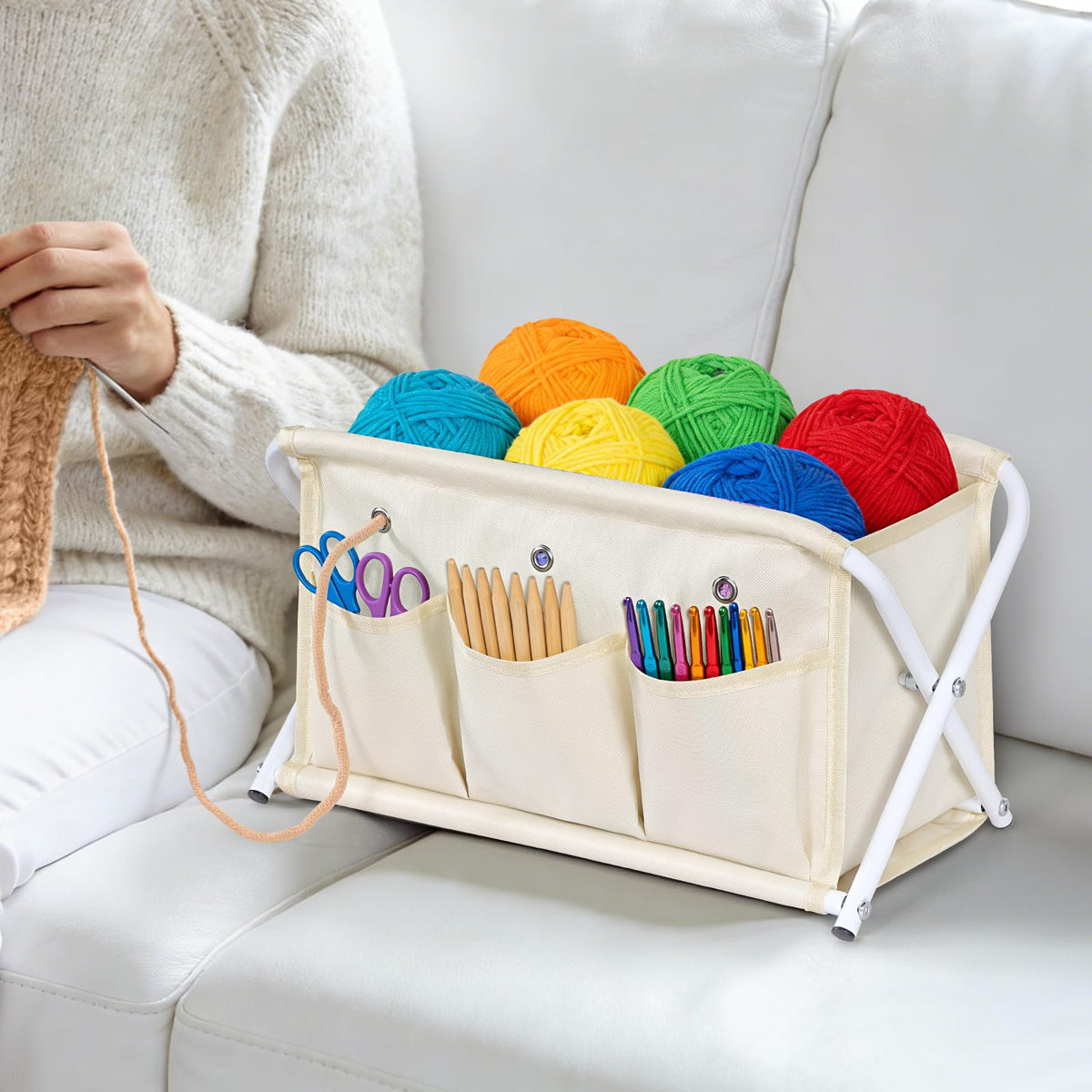 KEEGH Large Capacity Yarn Storage Organizer, Installation-Free Yarn Caddy with 3 Pockets Crochet Bag Organizer for Crochet Hooks, Knitting Needles, Accessories