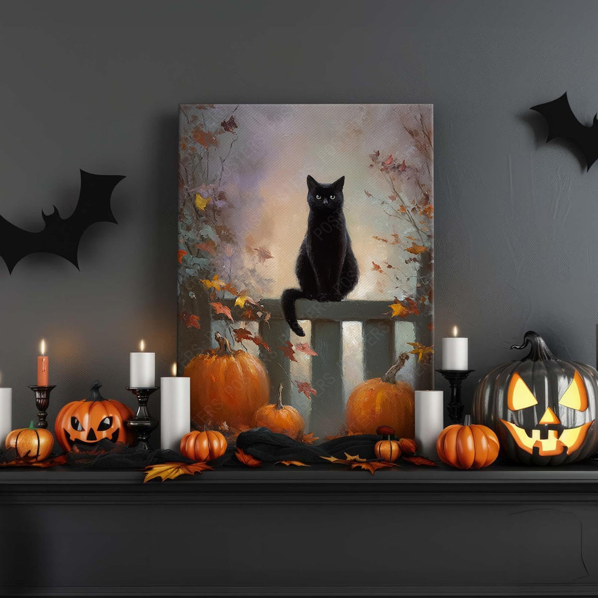 Halloween Pumpkin Canvas Wall Art,Funny Black Cat Poster Print,Pet Lovers Wall Decor For Home Bedroom Living Room 12X18 in Unframed