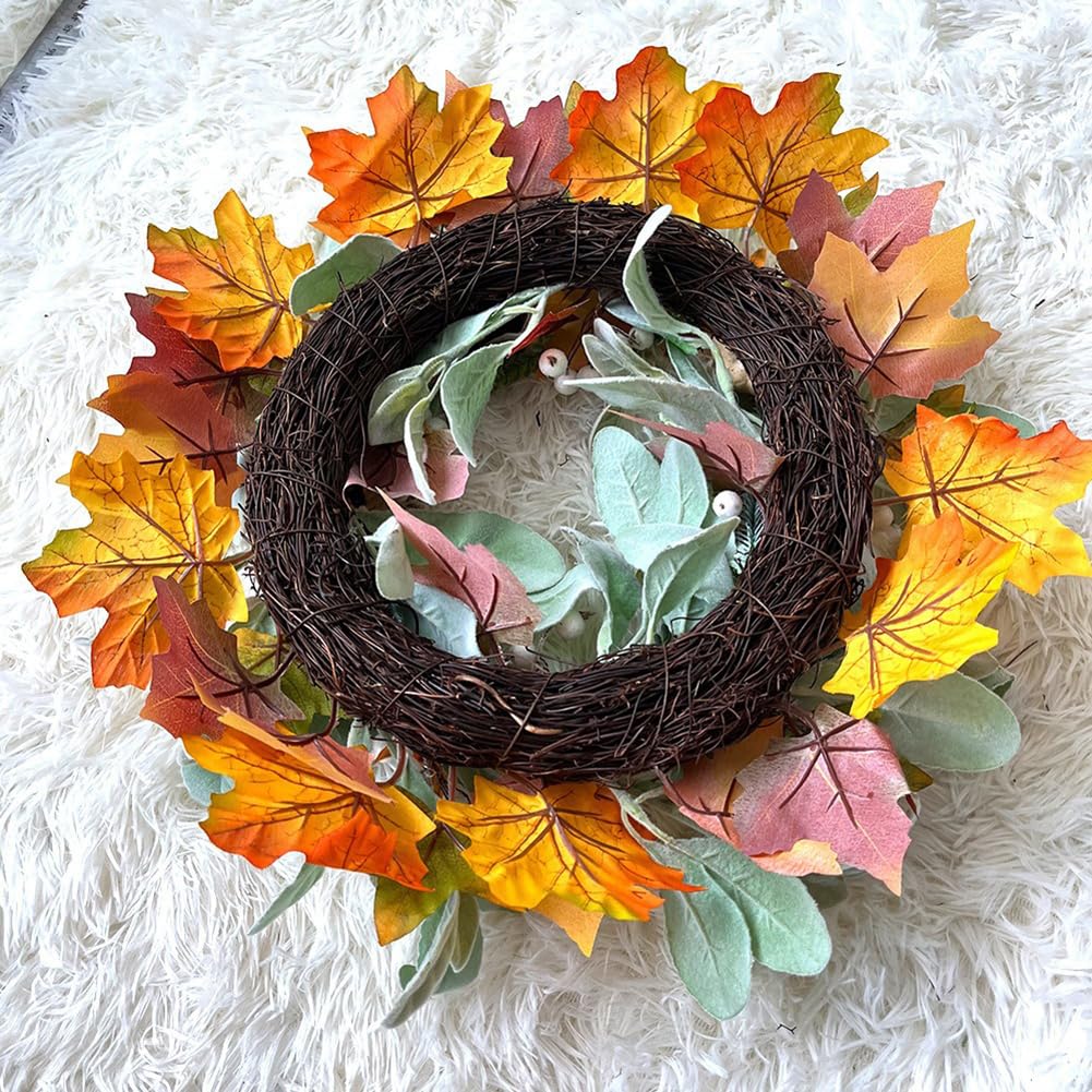 15 Inches Pumpkin Fall Wreath Artificial Wildflower with Berries for Halloween Thanksgiving Christmas Farmhouse Fall Décor