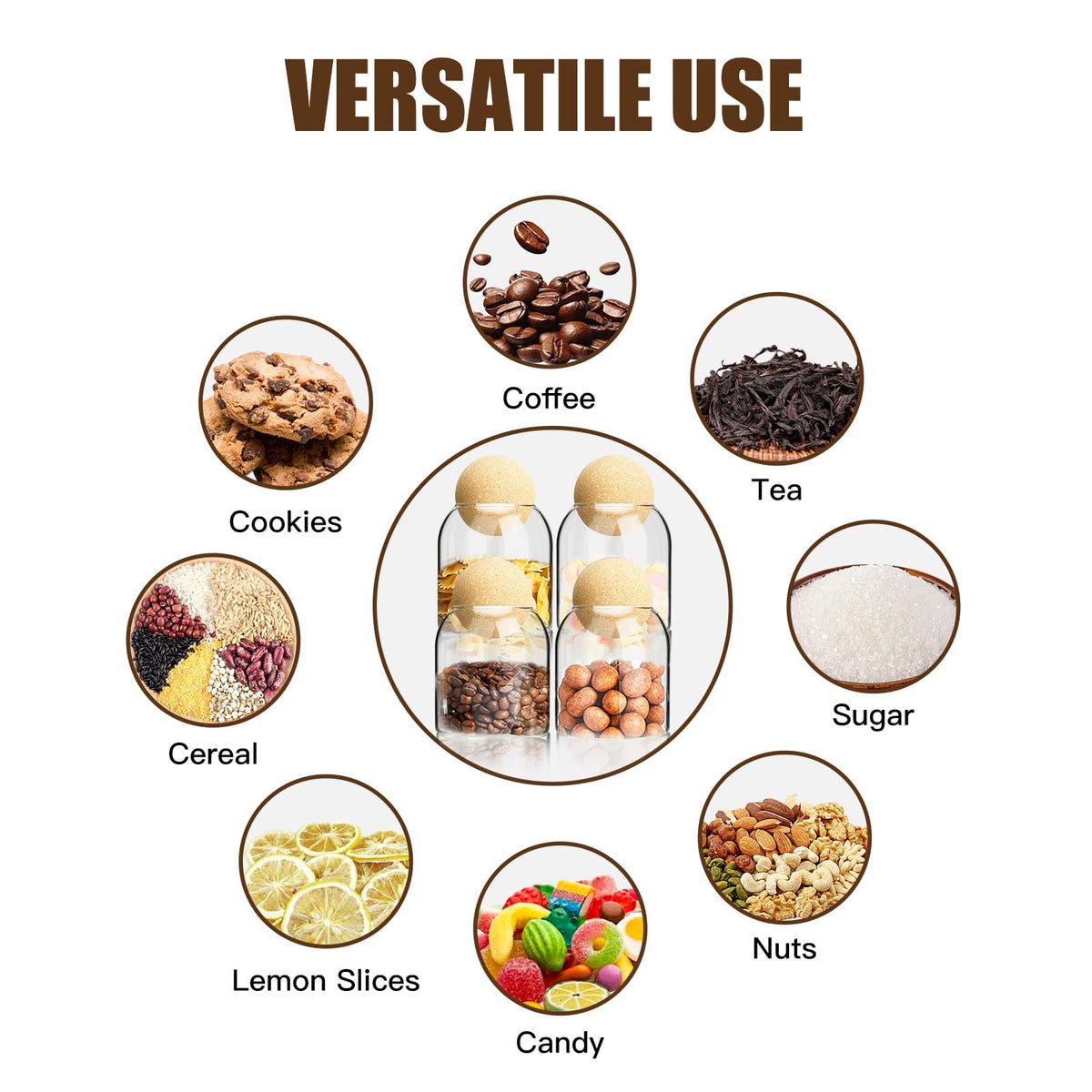 4PCS Glass Jar Storage Container with Ball Cork, 500ML/17Oz Food Storage Containers Clear Wood Cork Bottle Candy Jars Coffee Canister for Beans Nut Sugar Spices Seasonings Kitchen Organizer Christmas