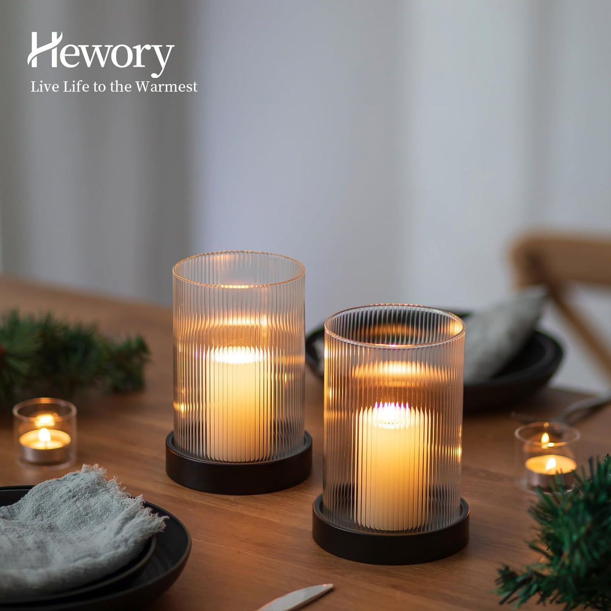 Hewory Ribbed Hurricane Candle Holder: Black Votive Candle Holders Set of 2, Glass Hurricane with Metal Candle Plate, Pillar Candle Holder for Table Centerpiece Christmas Wedding Holiday Home Decor