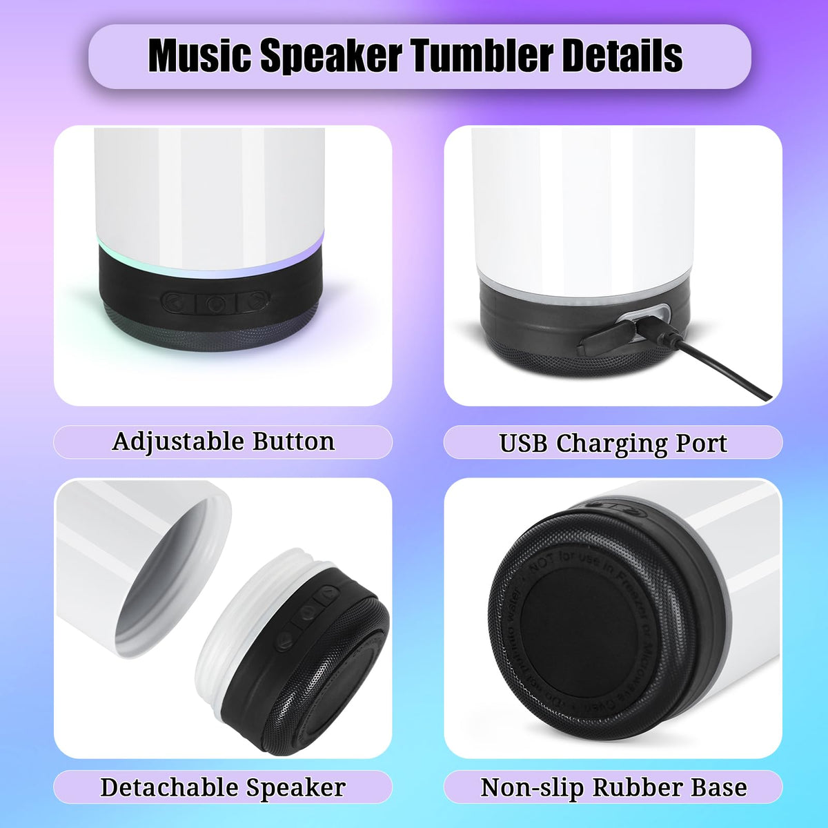 Micellwuu 4 Pack 20 Oz Music Speaker Tumbler, Sublimation Music Tumbler Blanks, Double Wall Vacuum Insulated Coffee Mug with Detachable LED Light, Speaker Cup (Black)