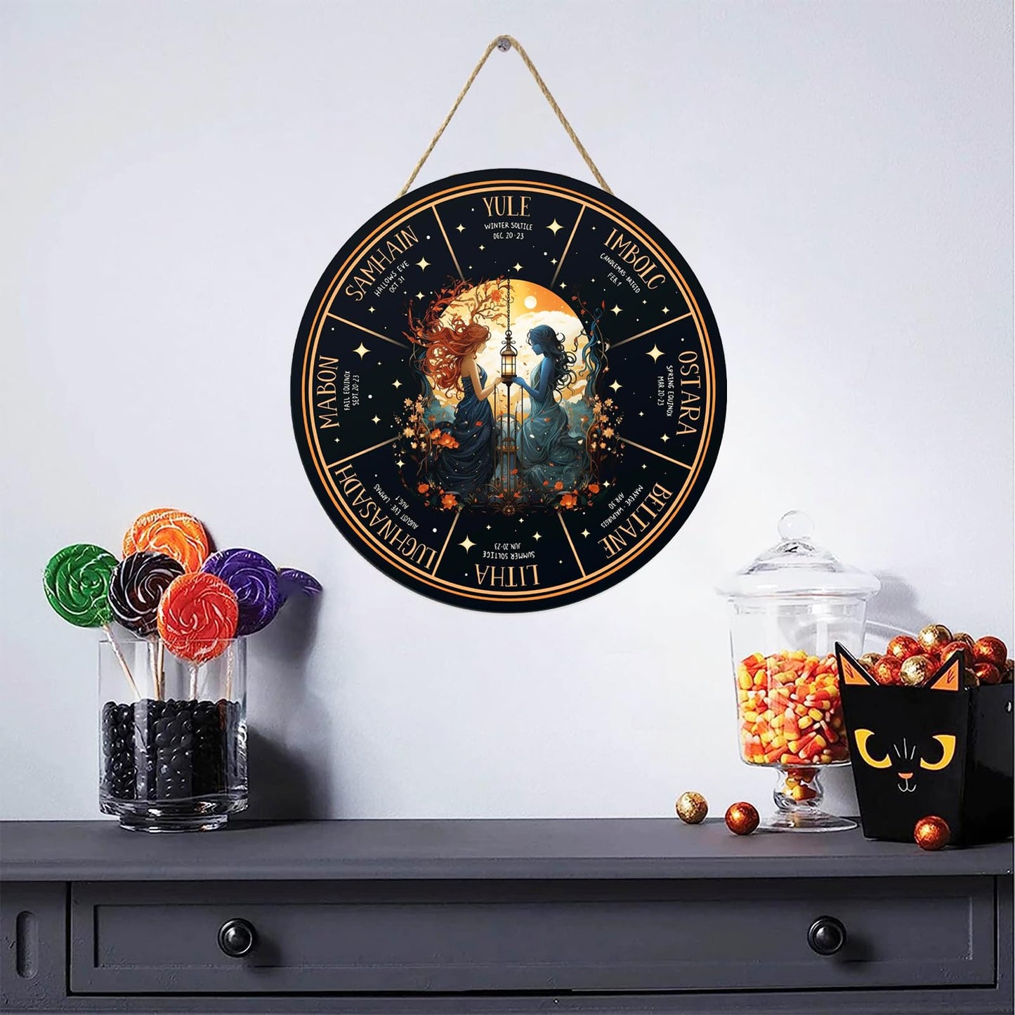 RIVEENY Wheel Of The Year Wall Hanging，12"Witchcraft Knowledge Sign Moon Decor Halloween Witch Decor Kitchen Witchery Sign Wizards Sign Celestial Decor Moon Phases Meanings Plaque (GJ036)