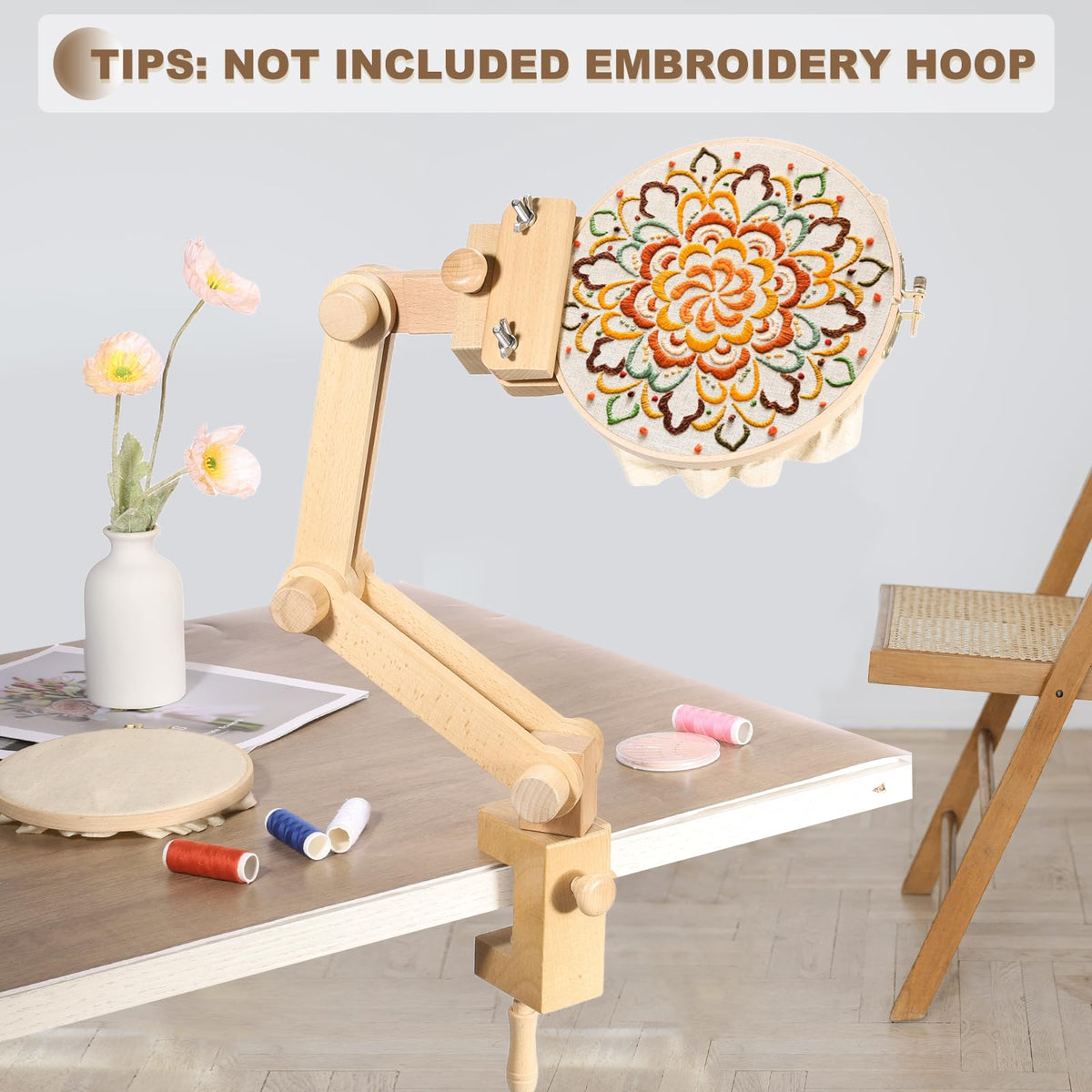 PATIKIL Embroidery Hoop Stand, Adjustable Beech Wood Cross Stitch Stand Holder 360 Degree Rotation for DIY Art Craft, Sewing, Needlework Projects