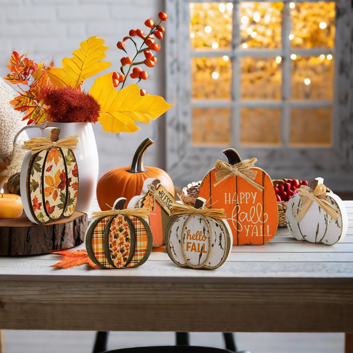 Leinuosen 6 Pcs Fall Pumpkin Decor Wooden Block Sign Fall Tiered Tray Decor for Home Autumn Table Centerpieces Decorations for Thanksgiving Harvest Table Mantel(6 Pcs,Pumpkin)
