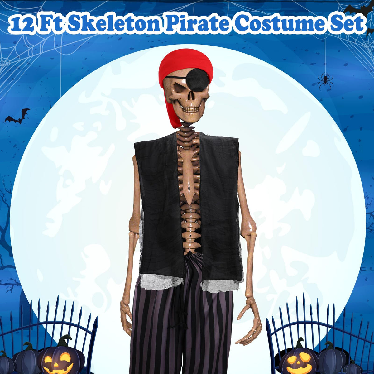 Cozypower 4 Pcs 12 ft Skeleton Outfits Accessories Giant Pirate Costume Set Halloween Skeleton Clothing Accessories for Garden Lawn Outdoor Halloween Decoration