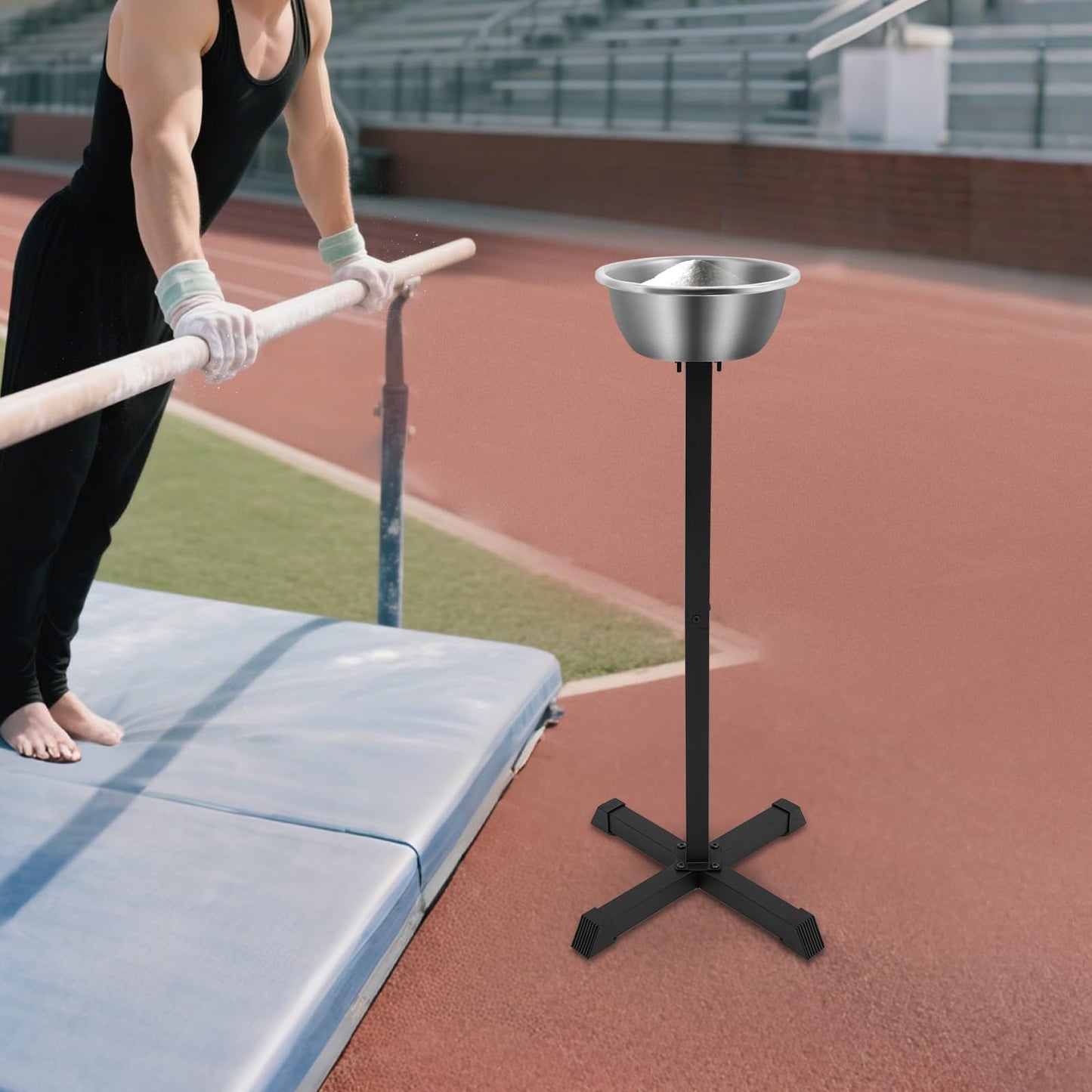 wruoiweods 21.6" x42.3" Portable Gym Chalk Stand, Freestanding Holder Gym Chalk Bowl, Compact & Lightweight, Fitness Chalk Holder Station with Bowl Bucket for Gymnastics Weight Lifting Climbing Sport