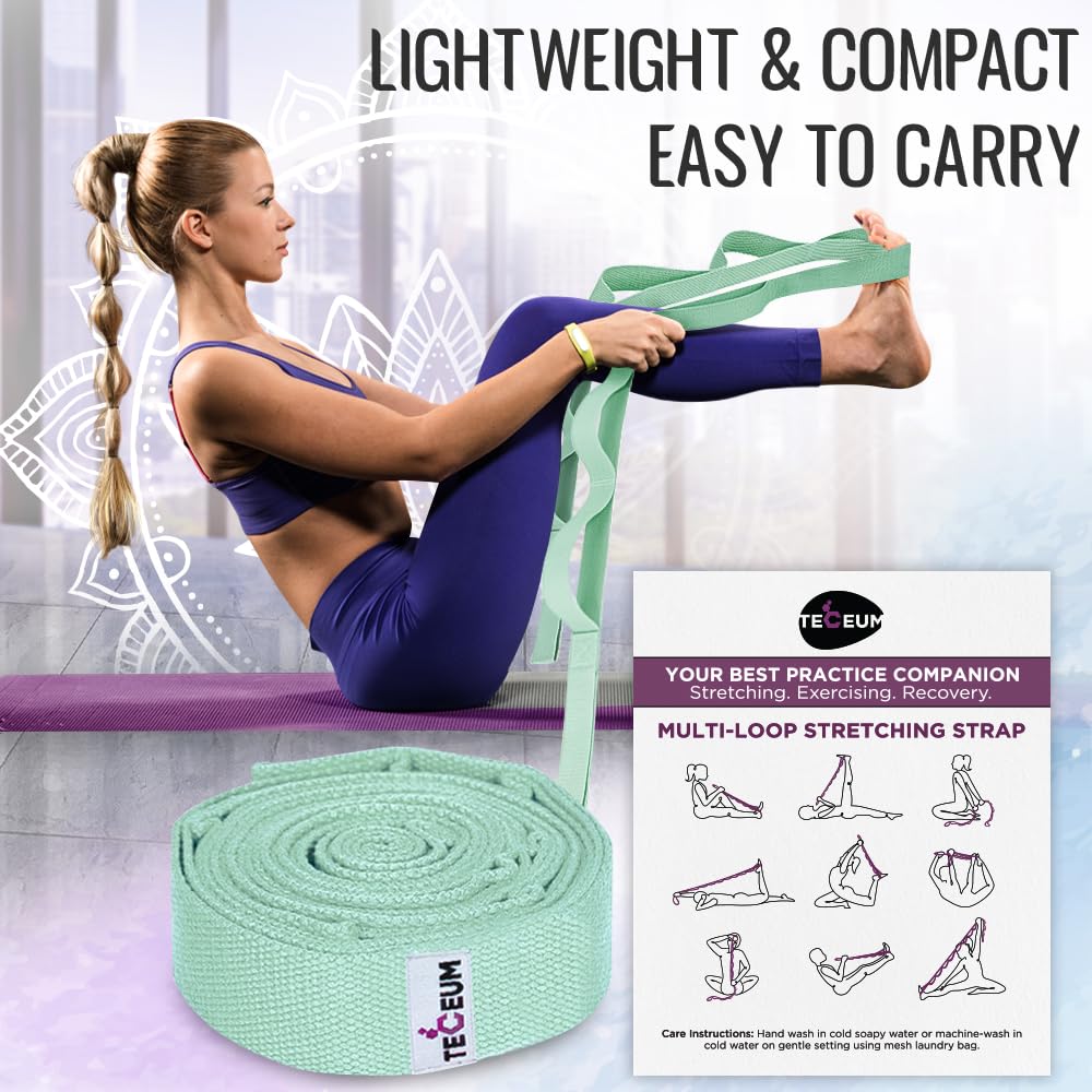 [NEW 2023] TECEUM Yoga Stretching Strap 10 Loops Non-Elastic Strap - Home Workout Stretch Strap for Physical Therapy, Yoga, Pilates cttn 1.5 in LtG