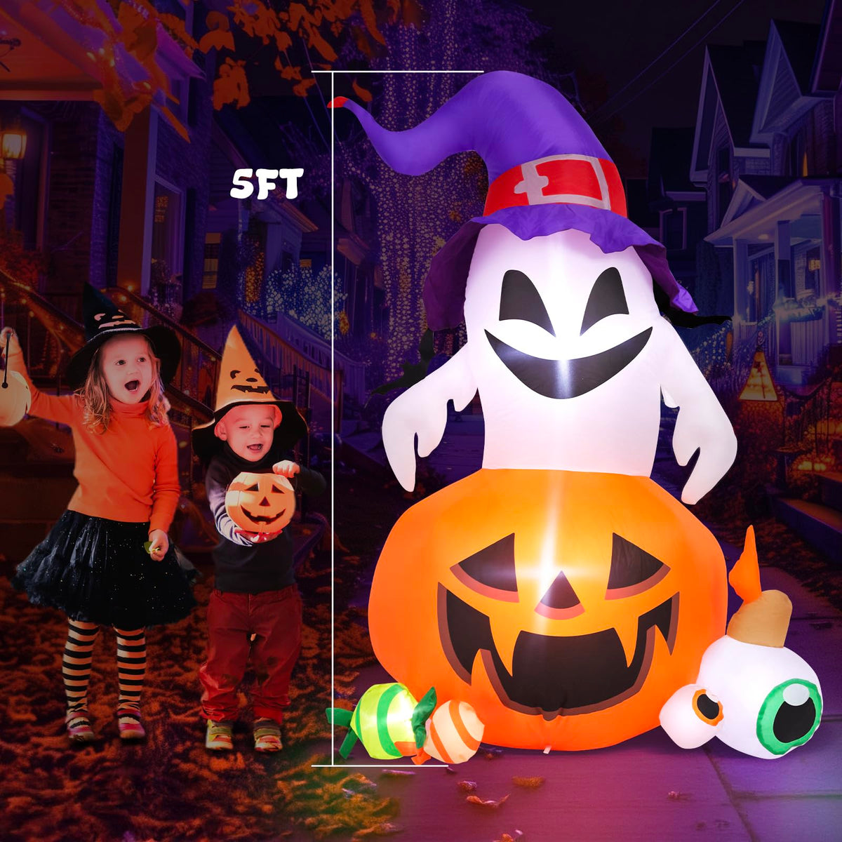 5FT Halloween Inflatable Outdoor Decoration Pumpkin Ghost with Built-in LEDs Blow Up for Halloween Party Holiday Indoor Outdoor Garden Lawn Yard Decorations