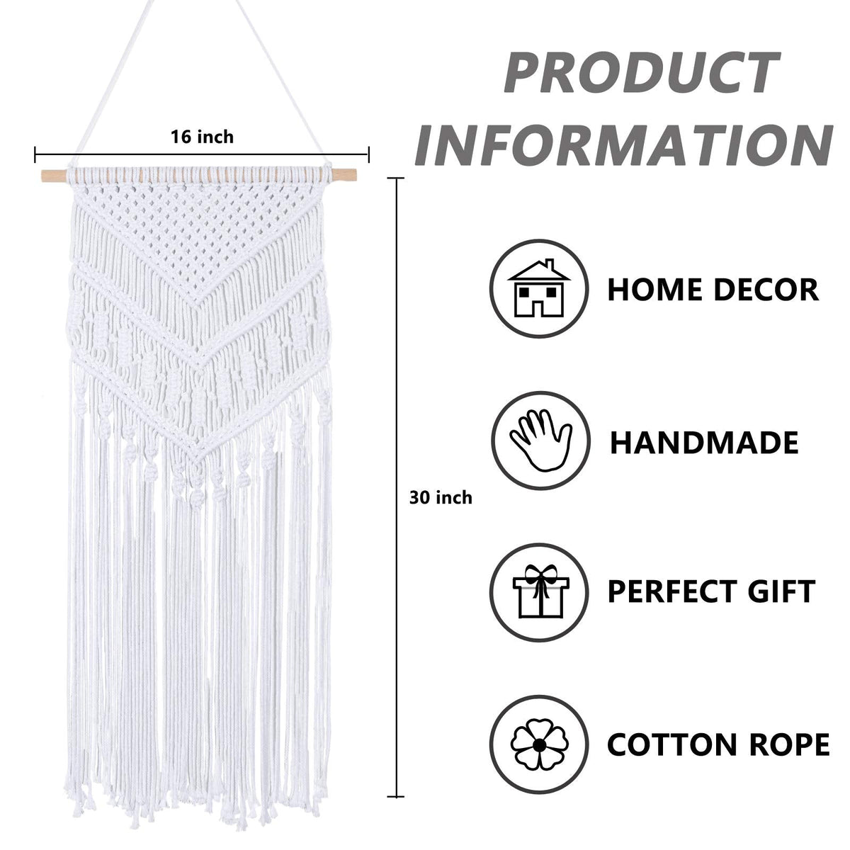 RLoncomix Macrame Wall Hanging Boho Art Hand Woven Geometric Tassel Chic Home Apartment Dorm Room Nursery Party Decoration, White, 16x30 Inches