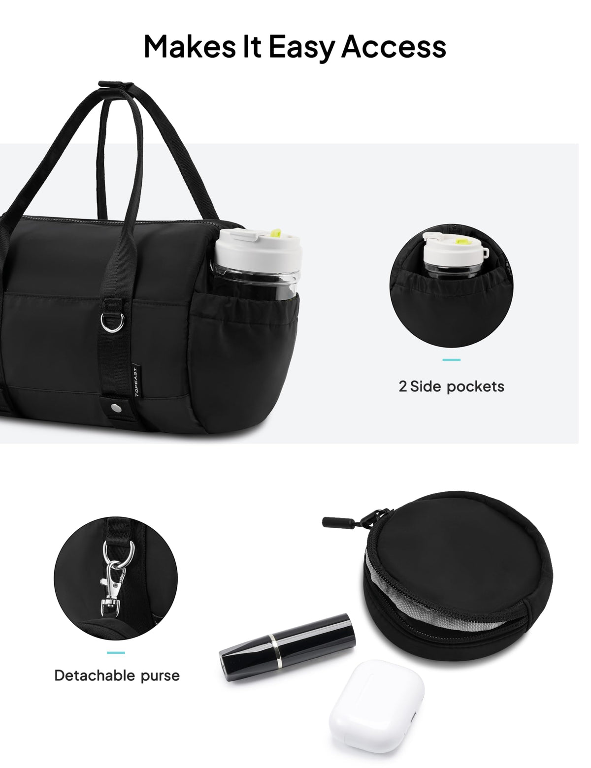 TOPEAST Small Gym Bag for Women, Mini Sports Yoga Bag Gym Tote Bag with Yoga Mat Holder, Small Sports Duffle Bag with Water Bottle Pocket & Wet Pocket for Travel Dance Workout, Black