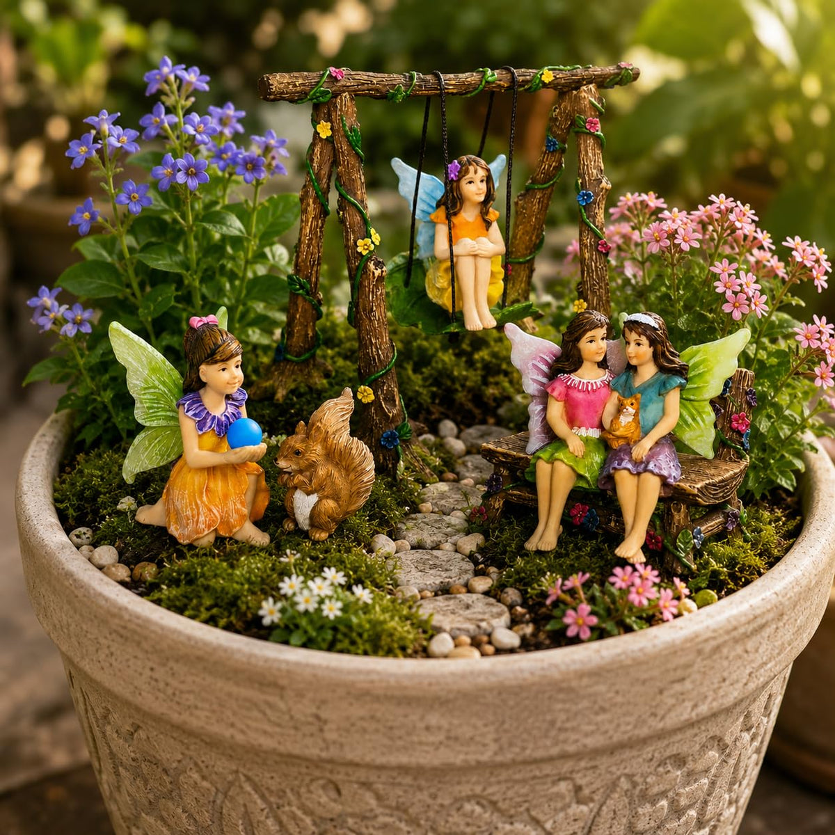 Mood Lab Fairy Garden Figurines with Swing - Miniature Accessories Set (6 pcs) - Outdoor Indoor Garden Decor