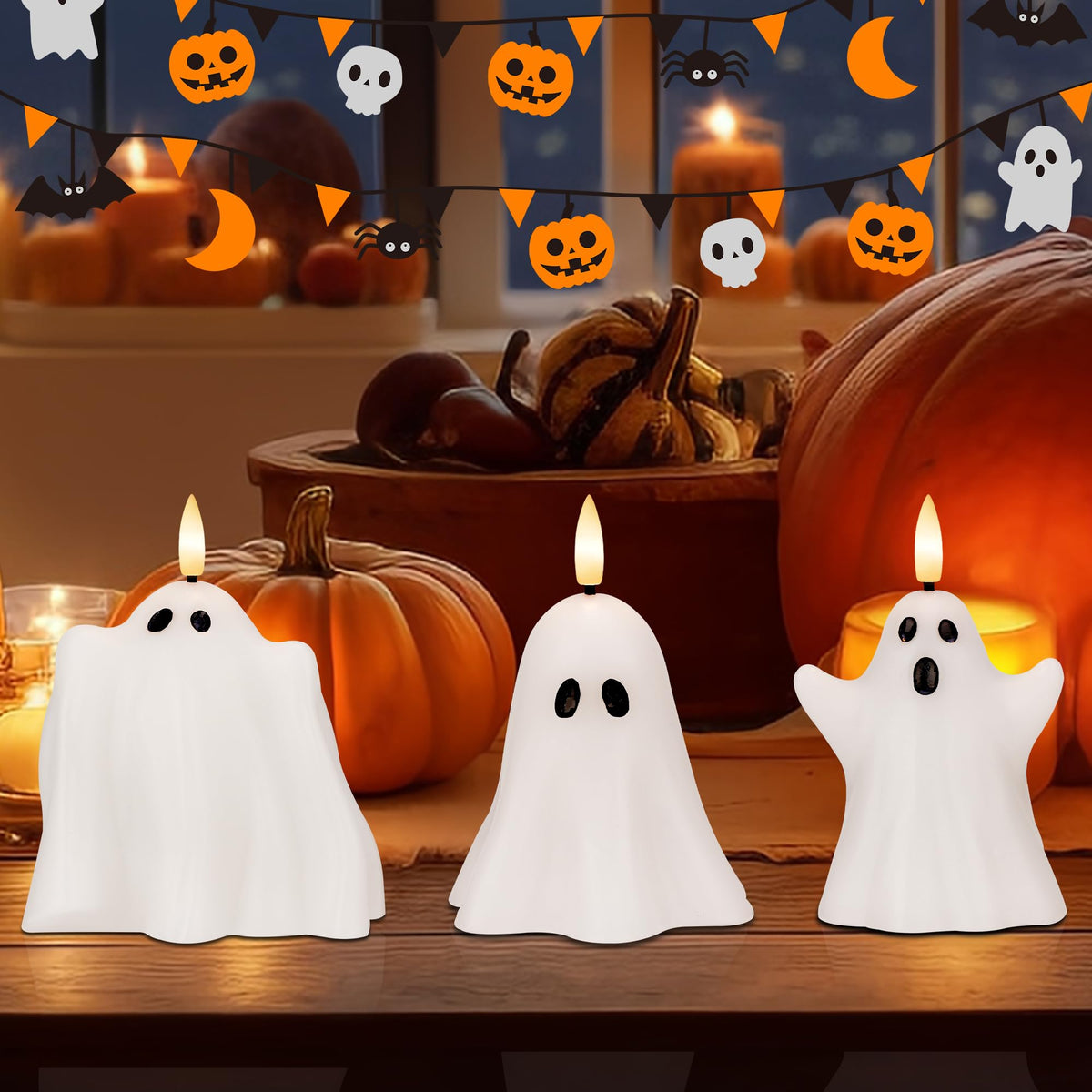 AFINETH Halloween Flameless Candles with Remote, Real Wax Ghost LED Candles, Flickering Battery Operated Fake Candle, Halloween Decorations for Table,Fireplace, Home, Party, Festival Decor (Set of 3)