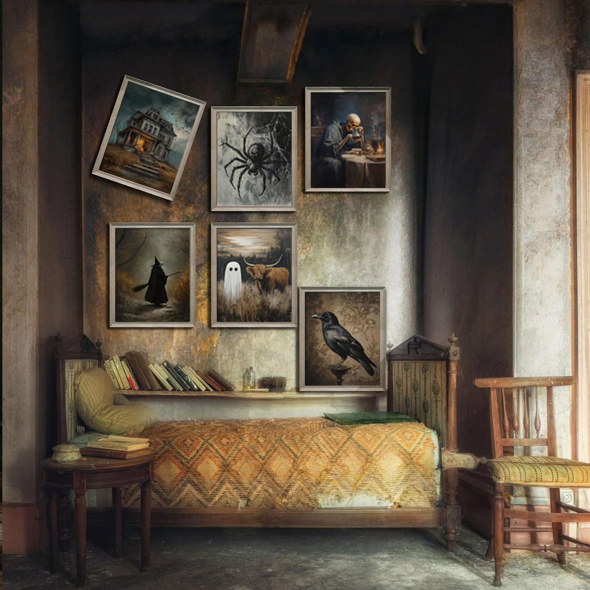 6Pcs Halloween Wall Art Creepy Dark Academia Wall Decor Pictures Ghost Wizard Skeletons Canvas Posters Prints for Gallery Living Room Bedroom Office Unframed