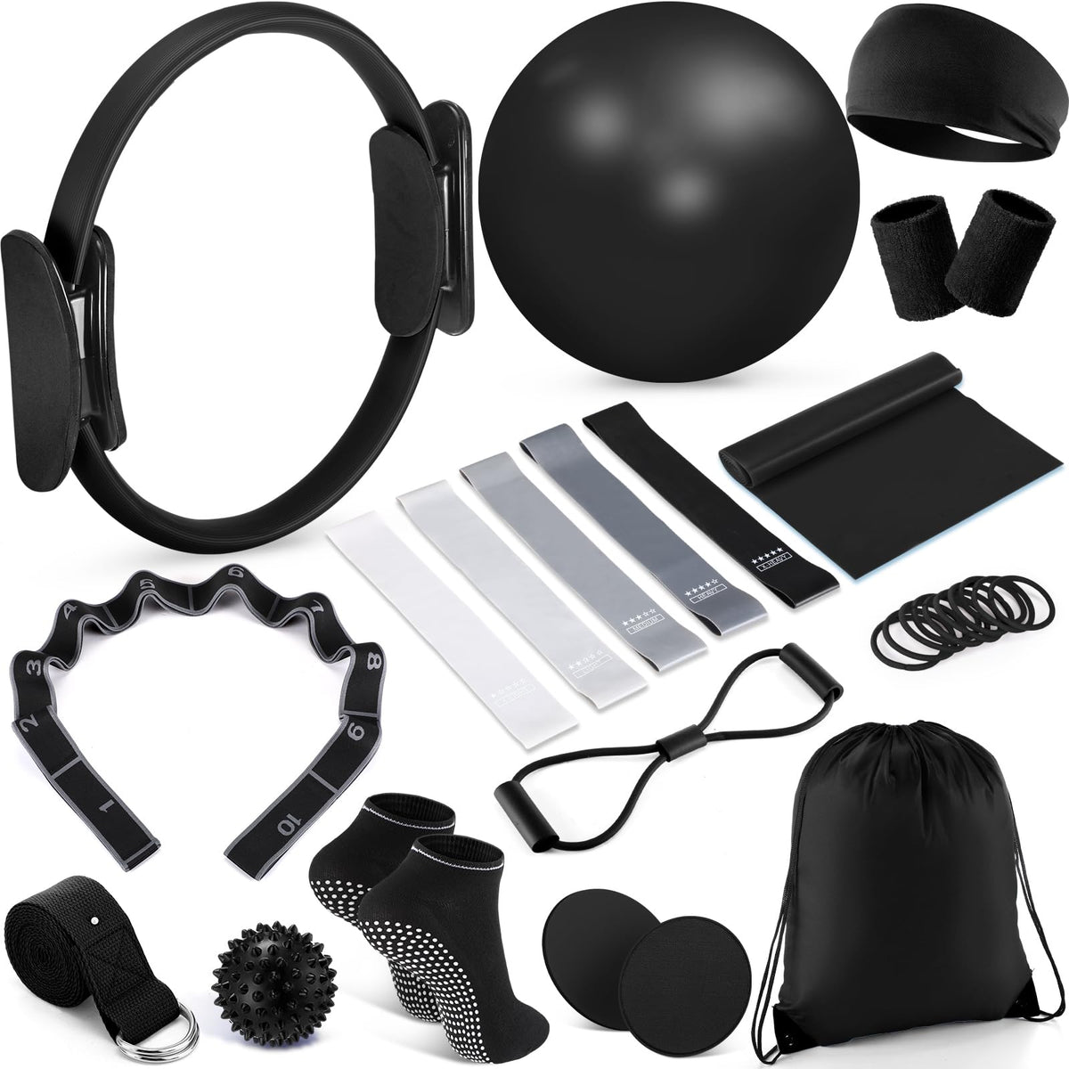 Poen 18 Pcs Home Pilates Ball and Ring Circle Set Yoga Fitness Essentials Kit with 5 Resistance Band Stretching Strap Non Slip Sock Ball Core Slider Wristband Headband Gym Bag for Women, Black