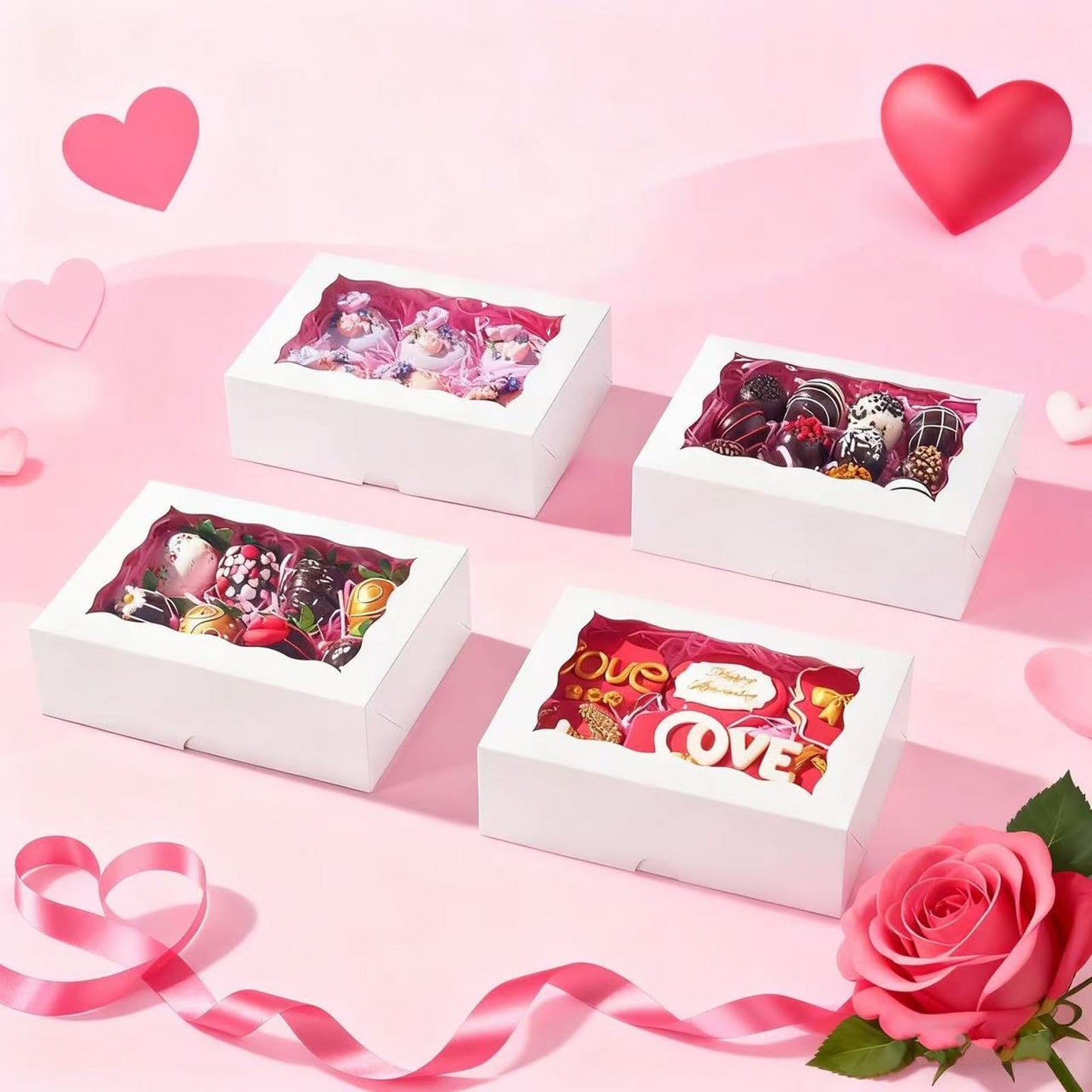 RomanticBaking 8x5x2 Inch 51PCS Bakery Boxes with Window for Cookies, Chocolate Covered Strawberries,Cakesickle, Chocolate Truffle Boxes Pretzel Box & Party Favors Packing