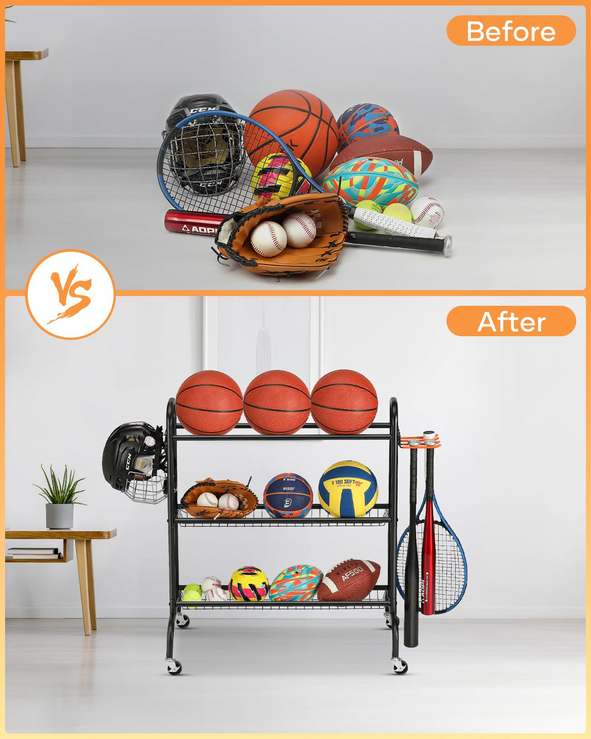 EXTCCT Basketball Racks for Balls, 3-Layer Small Ball Rack Ball Storage For Garage, Outdoor Rolling Ball Cart with Wheels, Two Basket for Basketballs Footballs Volleyball