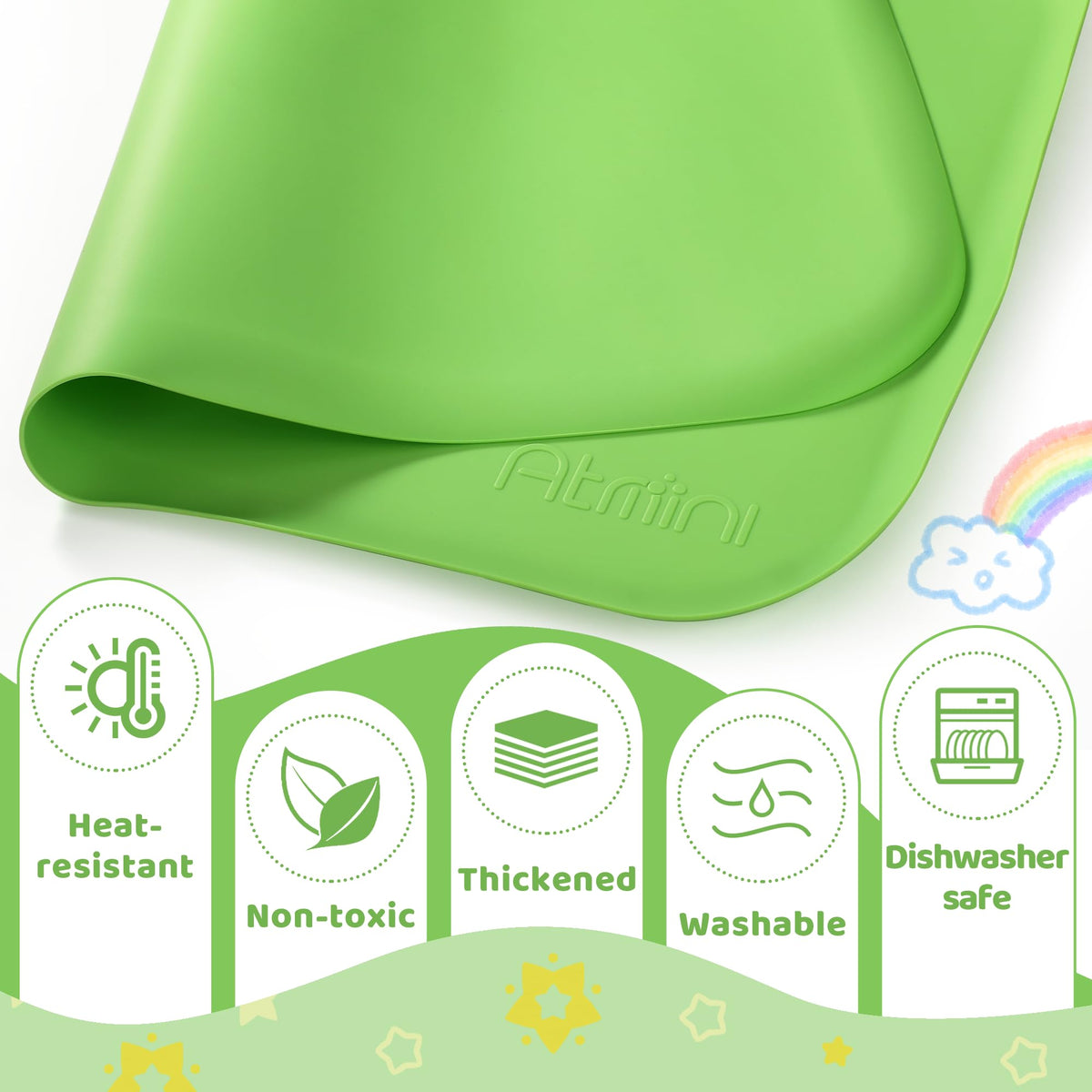AtMini Silicone Craft Mats for Kids 24"x16"– with Raised Lip & Non-Slip | Reusable Silicone Art Mat for Play Sand, Painting, DIY Crafts | Durable Design (Green)