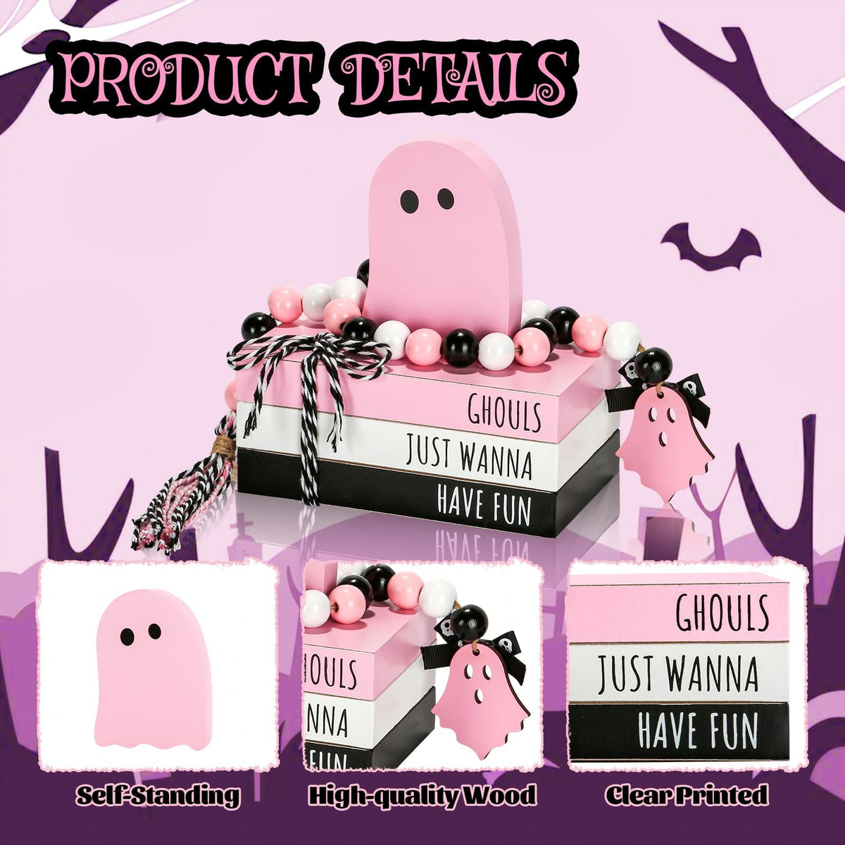 Pink Halloween Decorations 5PCS Table Centerpieces, Cute Girlie Tabletop Halloween Decor for Tiered Tray Shelf Mantel Fire Place Office Desk Rustic Farmhouse Wood Faux Book Stack and Ghosts Sign