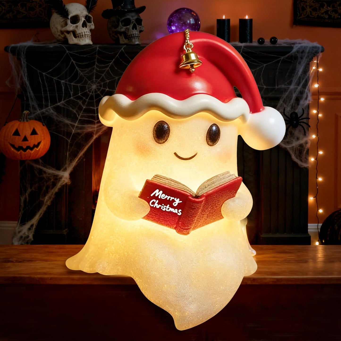 YYPLIAN 3D Resin Halloween Ghost Night Light, Ghost Warm Lighted Indoor Figurine Lamps for Bedroom Study Room Funny Christmas Indoor LED Nightlight (Xmas Ghost Light, 8")