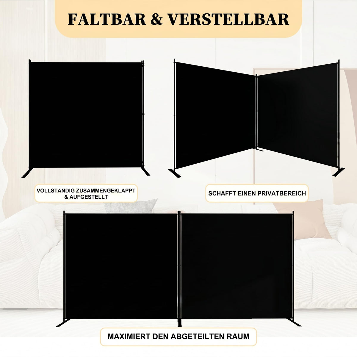 T&Jero 2-Panel Folding Room Divider, 6ft Tall Portable Privacy Screen Wall for Home and Office, Modern Freestanding Partition Separator for Bedroom, Studio, 142" Wide x 71" High, Black