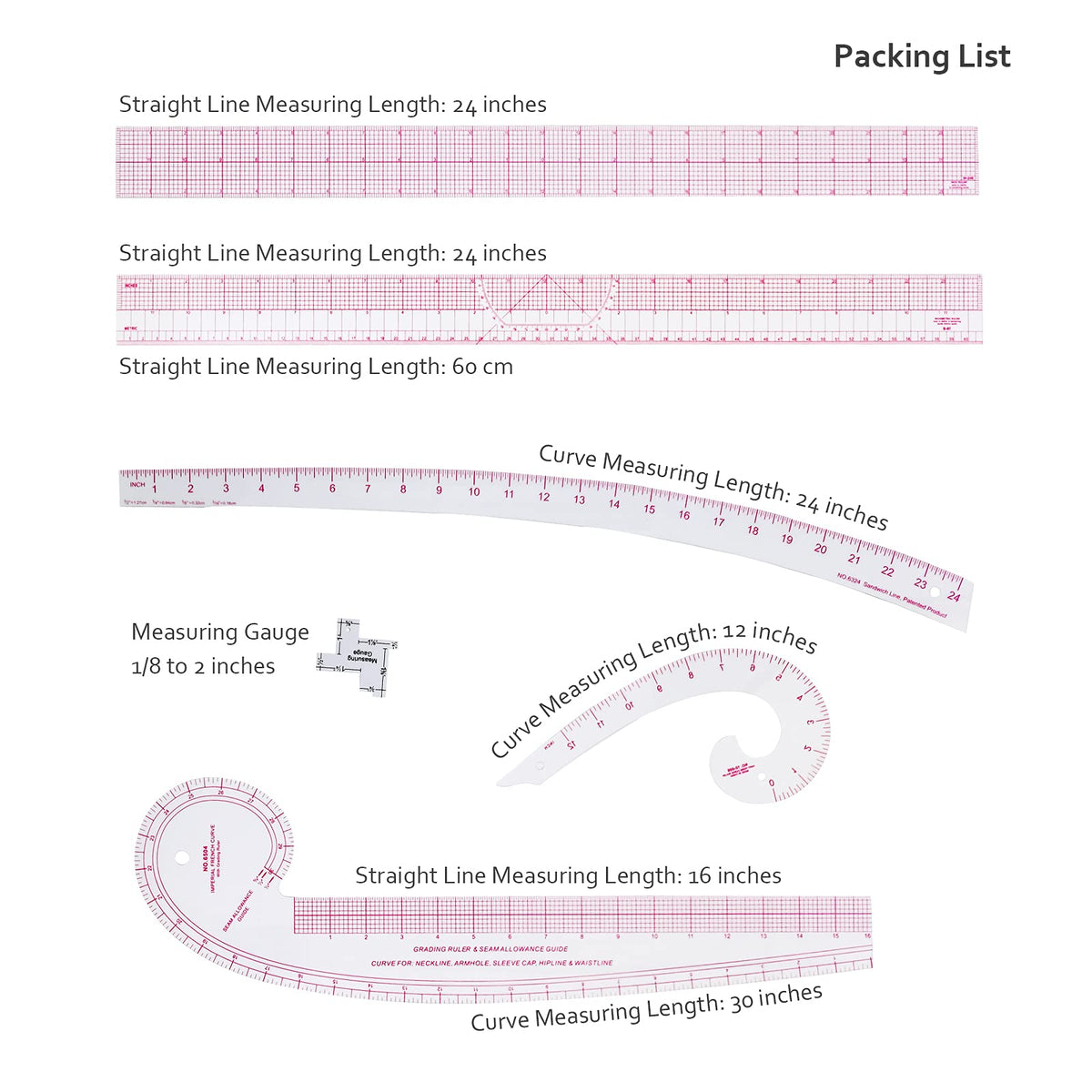 HLZC Imperial Sewing Ruler & French Curves for Pattern Making Drafting, Clear Plastic Fashion Designer Ruler Kit in Inches (6-Piece Set)