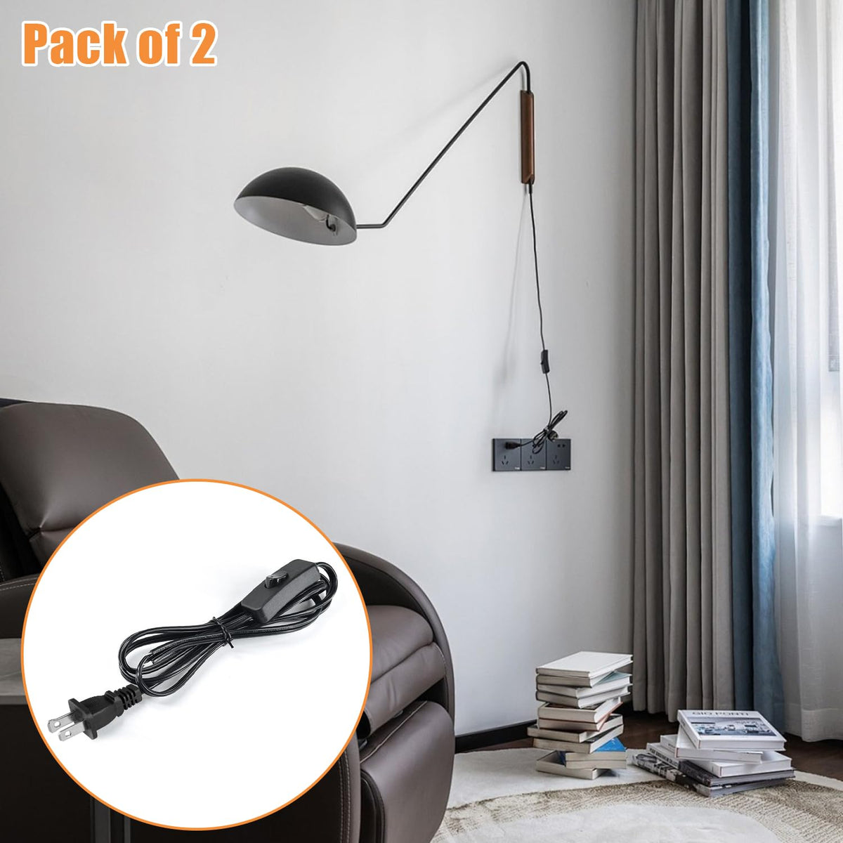 Asjeumt 2Pcs 8FT Lamp Cord with Switch Replacement Lamp Cord Switch Set with Plug 2 Polarized Black 18 AWG SPT-2 Wire ON OFF Button Switches 8 Feet DIY Rewiring Repairing Wiring Electrical Light Cords