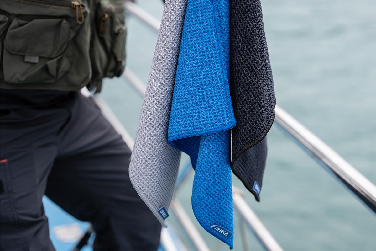 OHIKA Microfiber Fishing Towels with Clip, Waffle Pattern for Effective Cleaning of Fishing Gears or Dirty Hands, 16” x 16”, Camping Towels, Hiking Towels, Pack of 3 (Black/Grey/Blue)